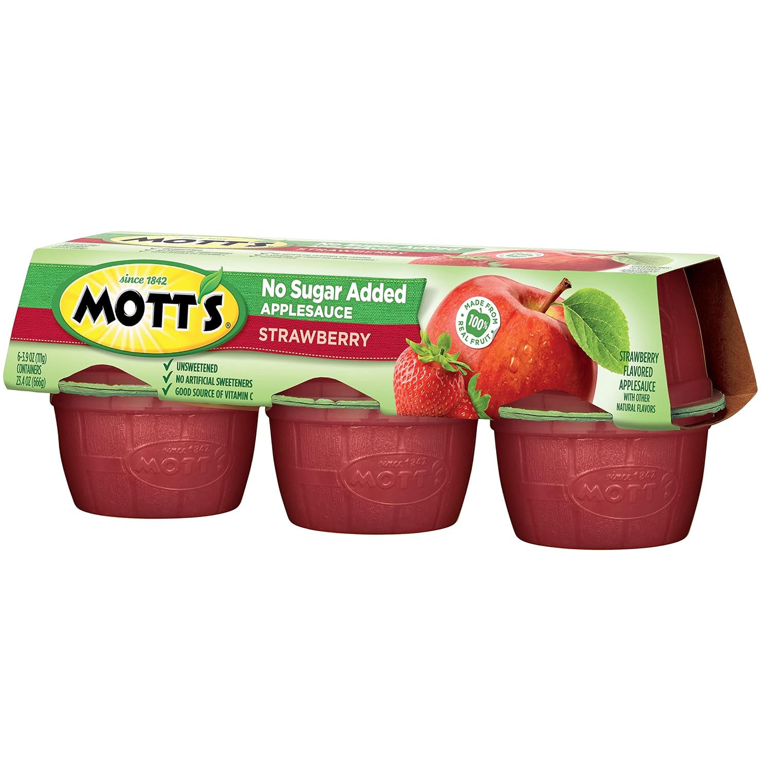 Mott's No Sugar Added Strawberry Applesauce, 3.9 Ounce Cup, 6 Count (Pack of 12)