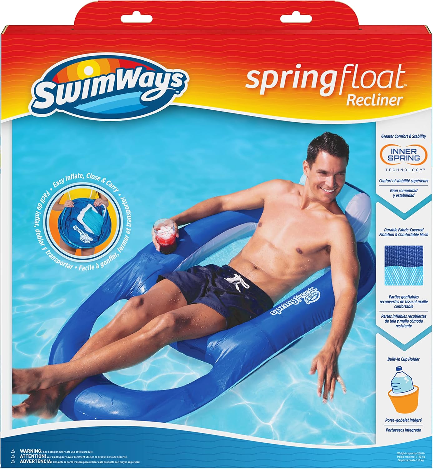 SwimWays Spring Float Recliner 6060700 Water Buoyant Summertime Relaxation Comfort Lounge Seat with Cup Holder for Pool Lake Beach Pond River Island