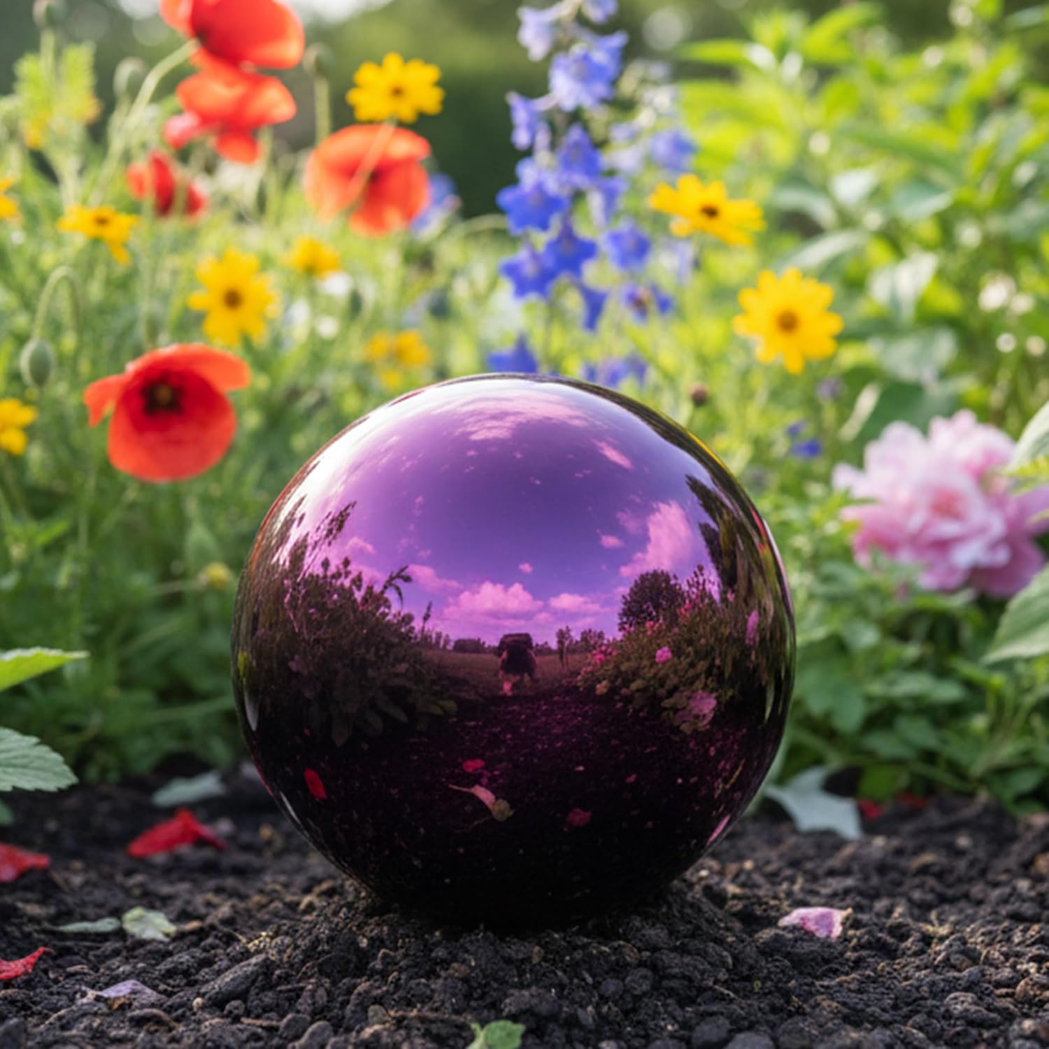 Sunnydaze 10-Inch Handblown Mirrored Glass Gazing Ball, Red | Reflective Outdoor Garden Globe Sphere, for Yard, Patio, Flower Bed, Walkway, and Landscape Decor, Stainless Steel Finish