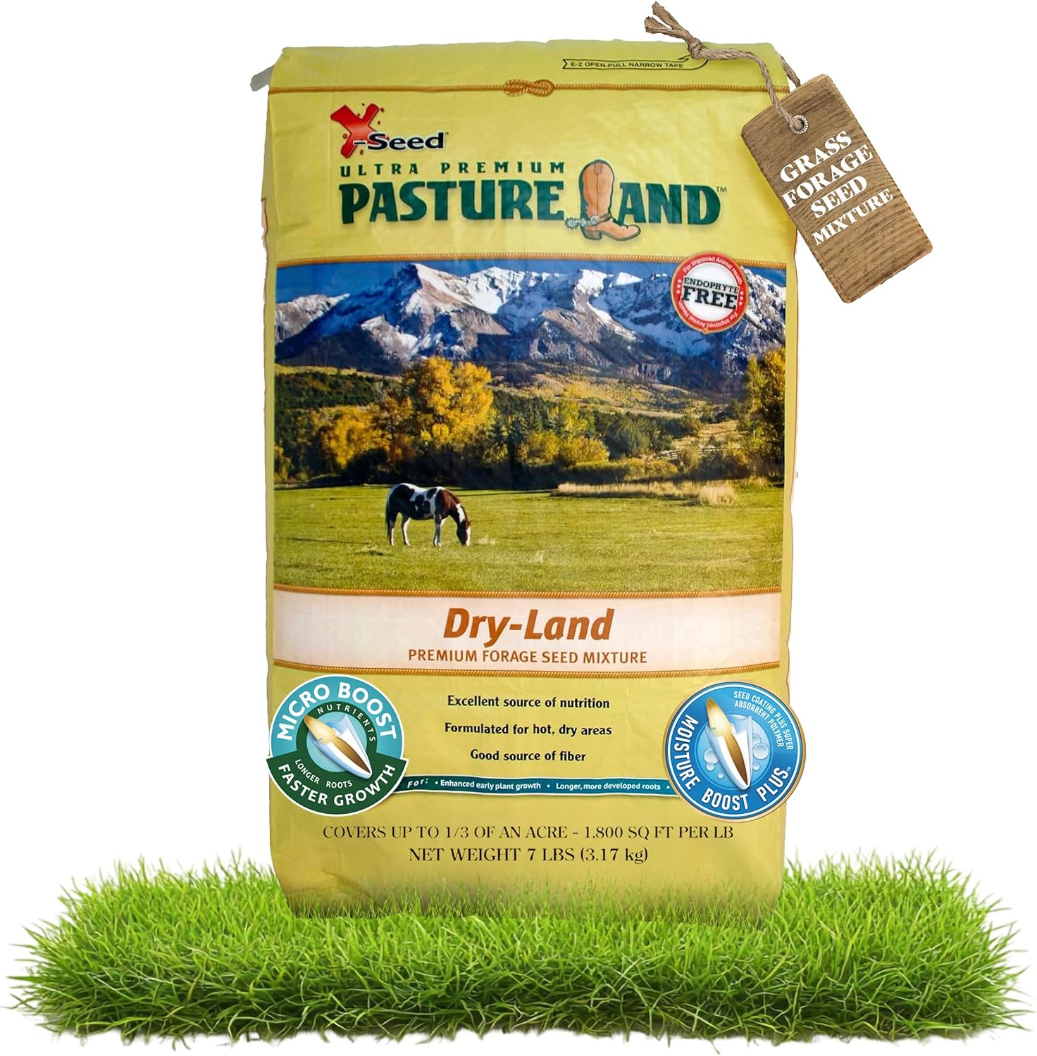 X-Seed Pasture Land Dry-Land Forage Seed Mixture with Micro-Boost – Tall Fescue Orchard Grass Ryegrass Endophyte Free Pasture for Safe Nutrition of Livestock, Formulated for Dry Areas – 25-Pound Bag