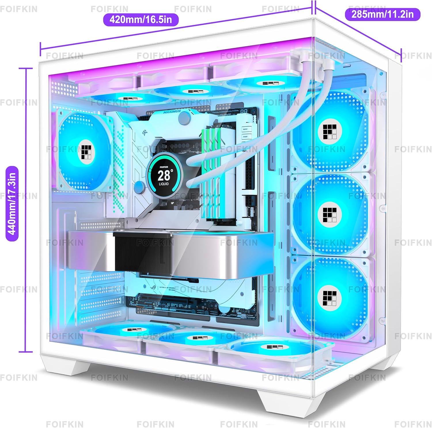 FOIFKIN F600 PC Case - Pre-Installed 7 PWM ARGB Fan, ATX Mid-Tower Gaming PC Case, 270° Panoramic Glass with Type-C, FOIFKIN (Black, F600)
