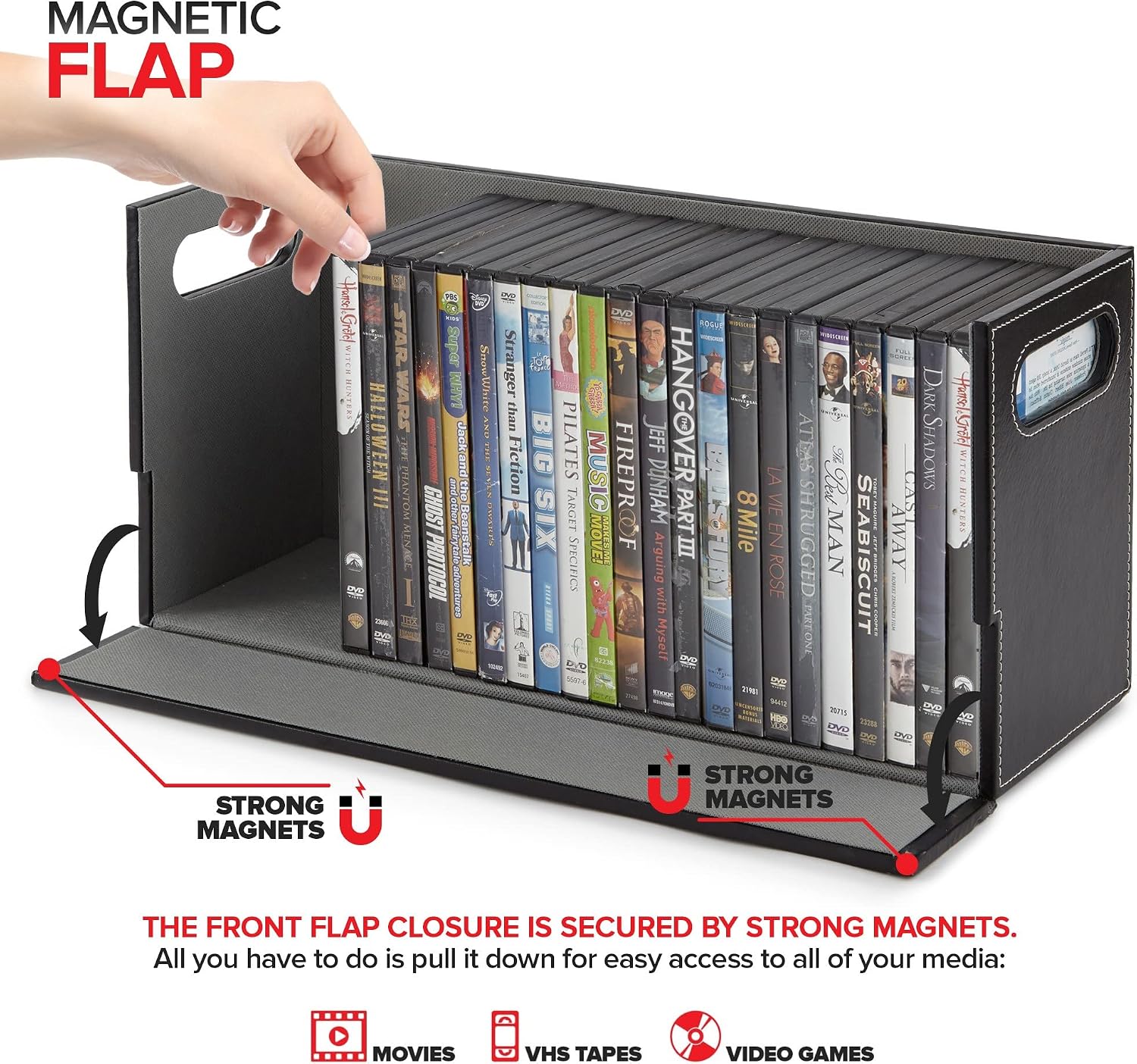 Stock Your Home DVD Storage Box, Movie Shelf Organizer for Blu-Ray, Video Game Cases, CDs, VHS Tape Display Stand, Disc Holder Can Store Up to 28 DVDs, Faux Leather (Espresso)