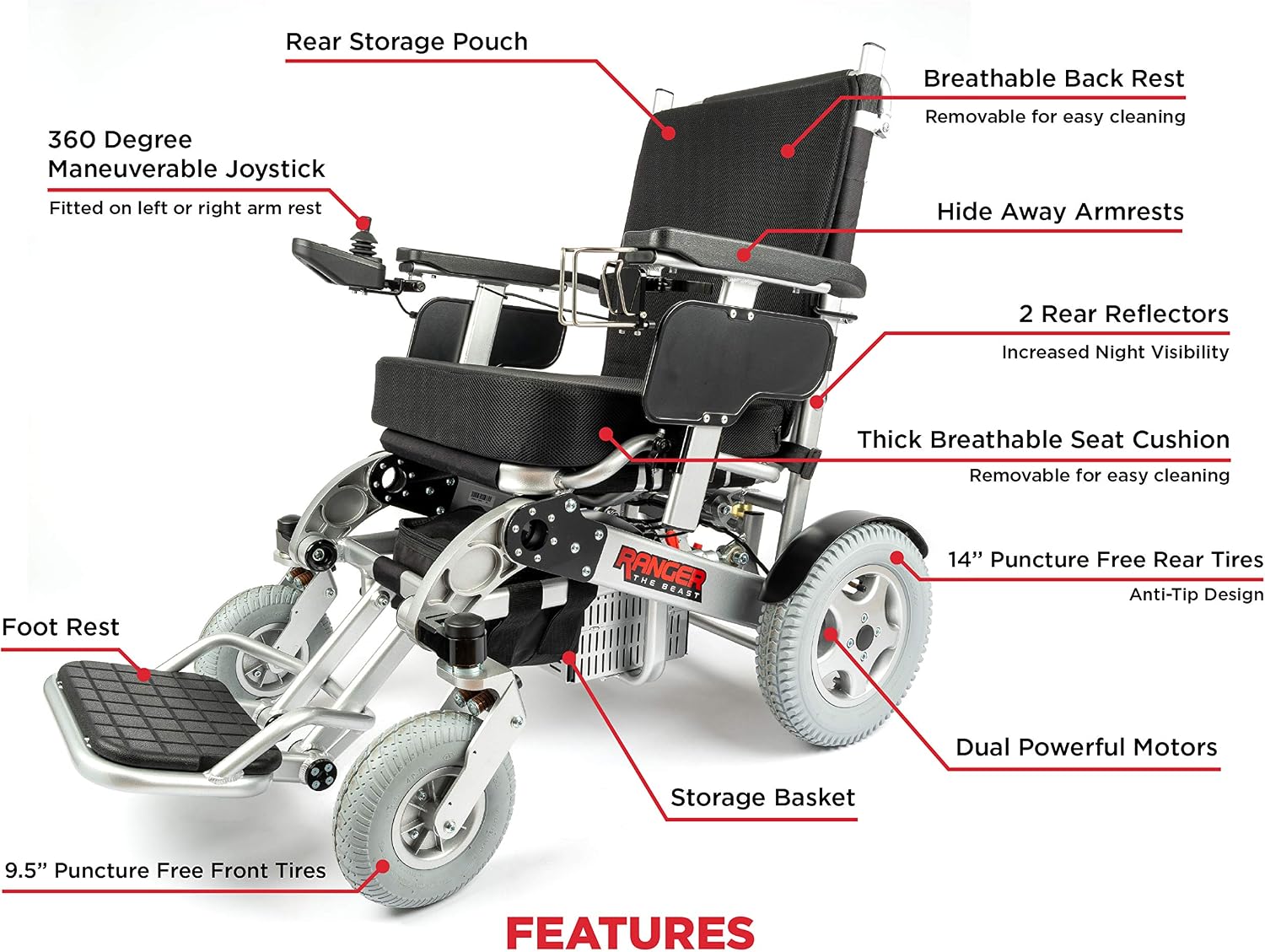 Porto Mobility Ranger The Beast Ultra Heavy Duty Foldable Electric Wheelchair Holds 500lbs 400W Horse Power Dual Motor Folding All Terrain Power
