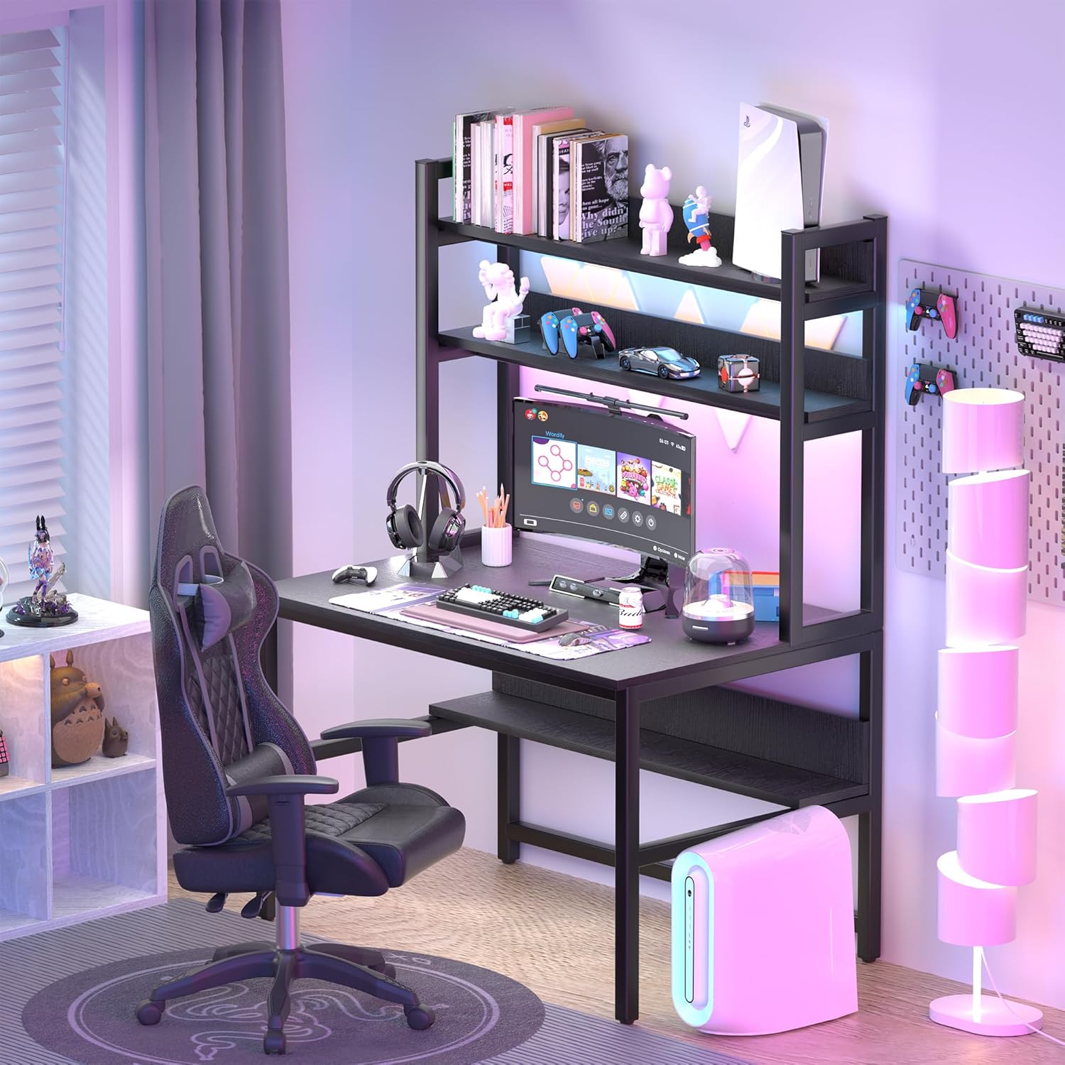 Aquzee Computer Desk with Shelves, 47" W x 23.6" D Gaming Desk with Hutch and Bookshelf