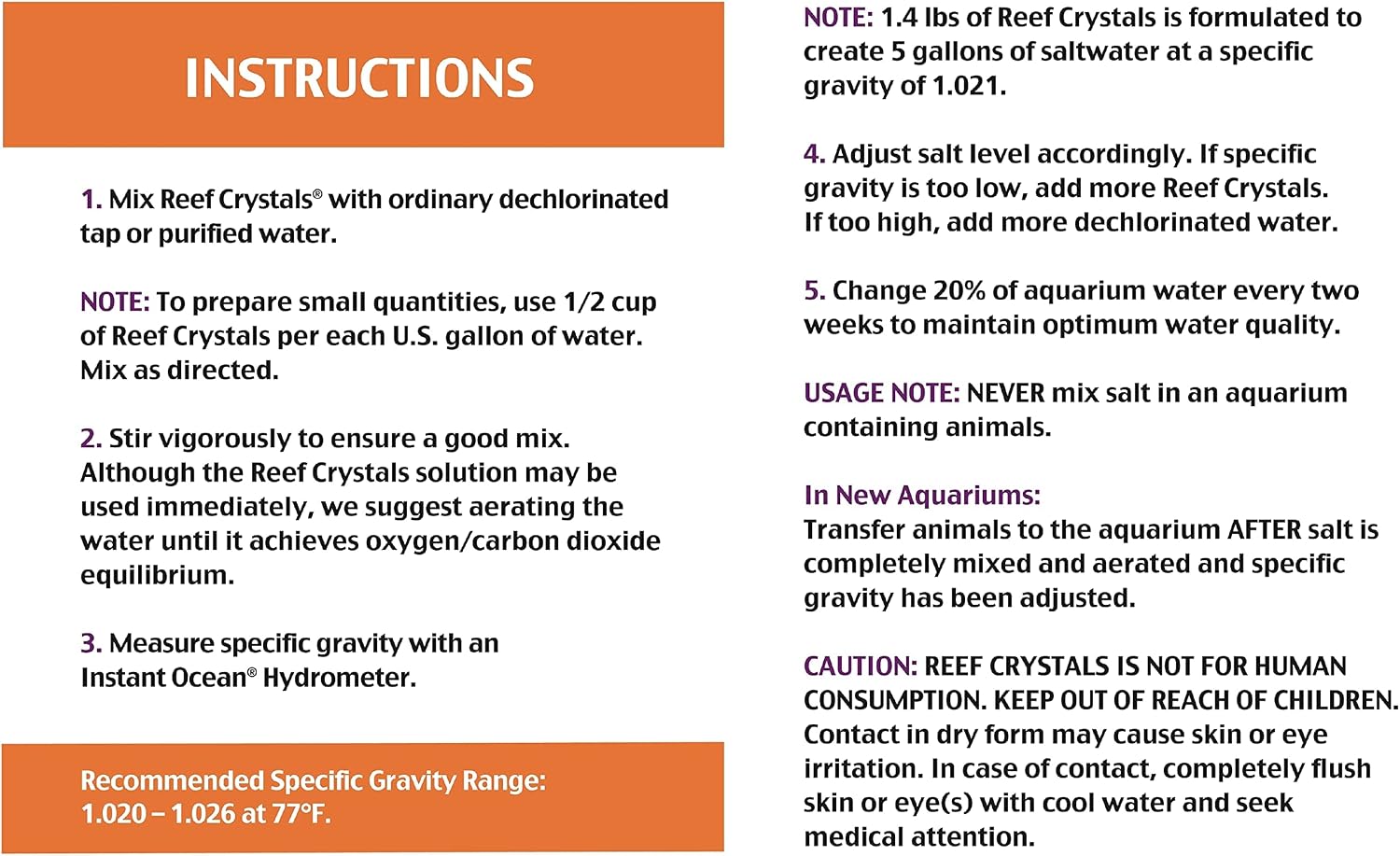 Instant Ocean Reef Crystals Reef Salt For 50 Gallons, Enriched Formulation For aquariums