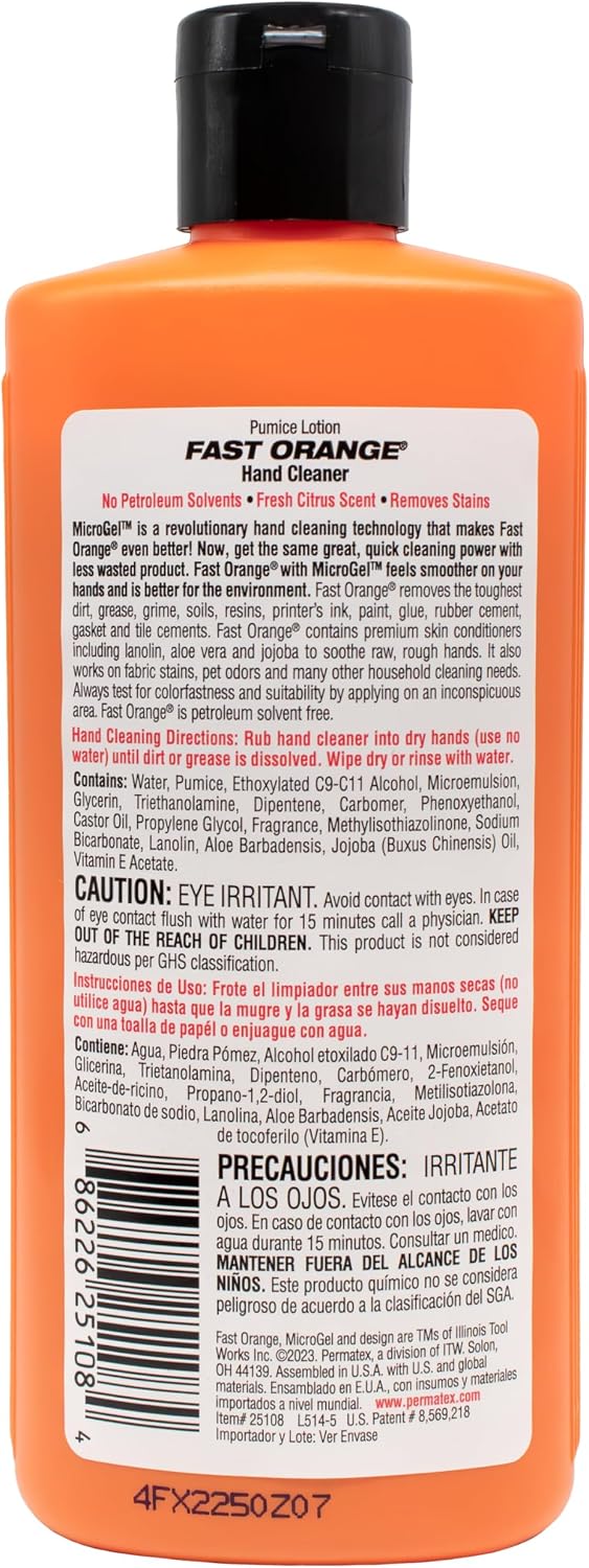 Fast Orange 25108 Pumice Lotion, Heavy Duty Hand Cleaner, Natural Citrus Scent, Waterless Cleaner For Mechanics, Strong Grease Fighter, 7.5 oz
