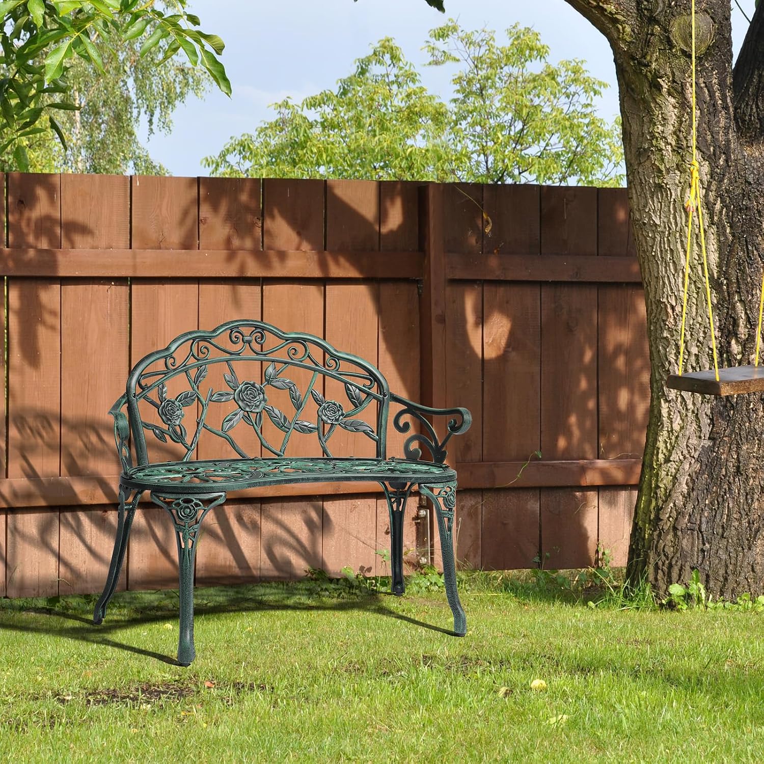 VINGLI 38.5" Patio Park Garden Outdoor Metal Rose Bench, 2-Person Cast Iron Cast Aluminium Frame Antique Finish Chair,Accented Lawn Front Porch Path Yard Decor Deck Furniture (Bronze, Rose)
