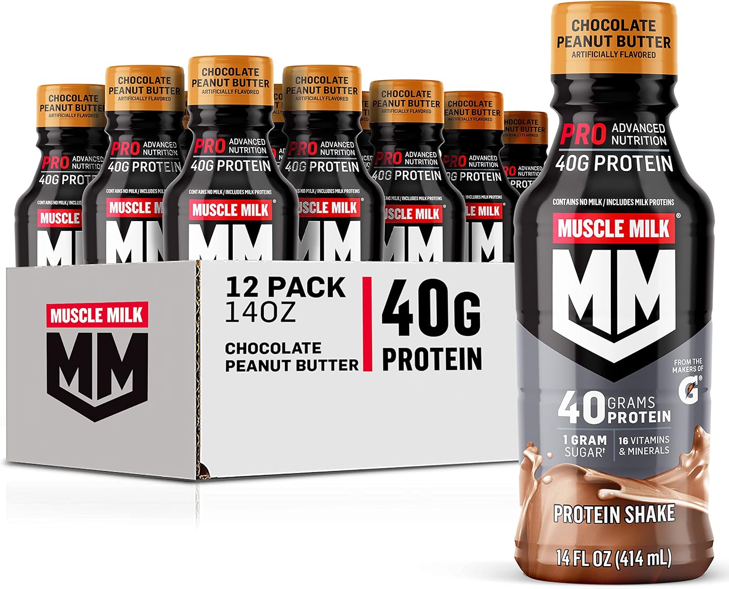 Muscle Milk Pro Advanced Nutrition Protein Shake, Knockout Chocolate, 14 Fl Oz Bottle, 12 Pack, 40g Protein, 1g Sugar, 16 Vitamins & Minerals, 6g Fiber, Workout Recovery, Packaging May Vary