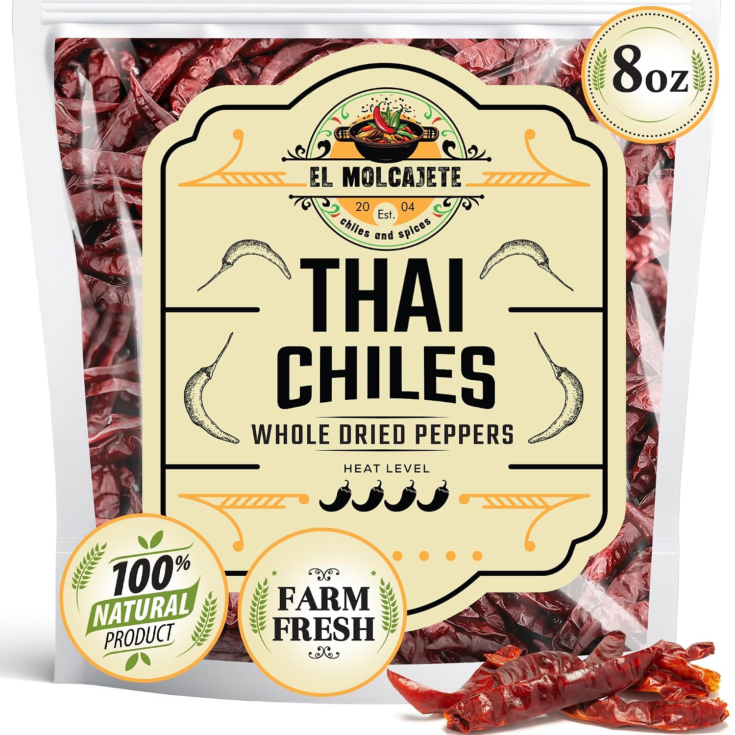 Dried Red Thai Chili Peppers 16oz Whole Hot Asian Chile for Curry Soup | Fiery authentic heat for tom yum, pad thai, ramen, stir fry & chili oil. Bulk bag, all natural. Resealable.