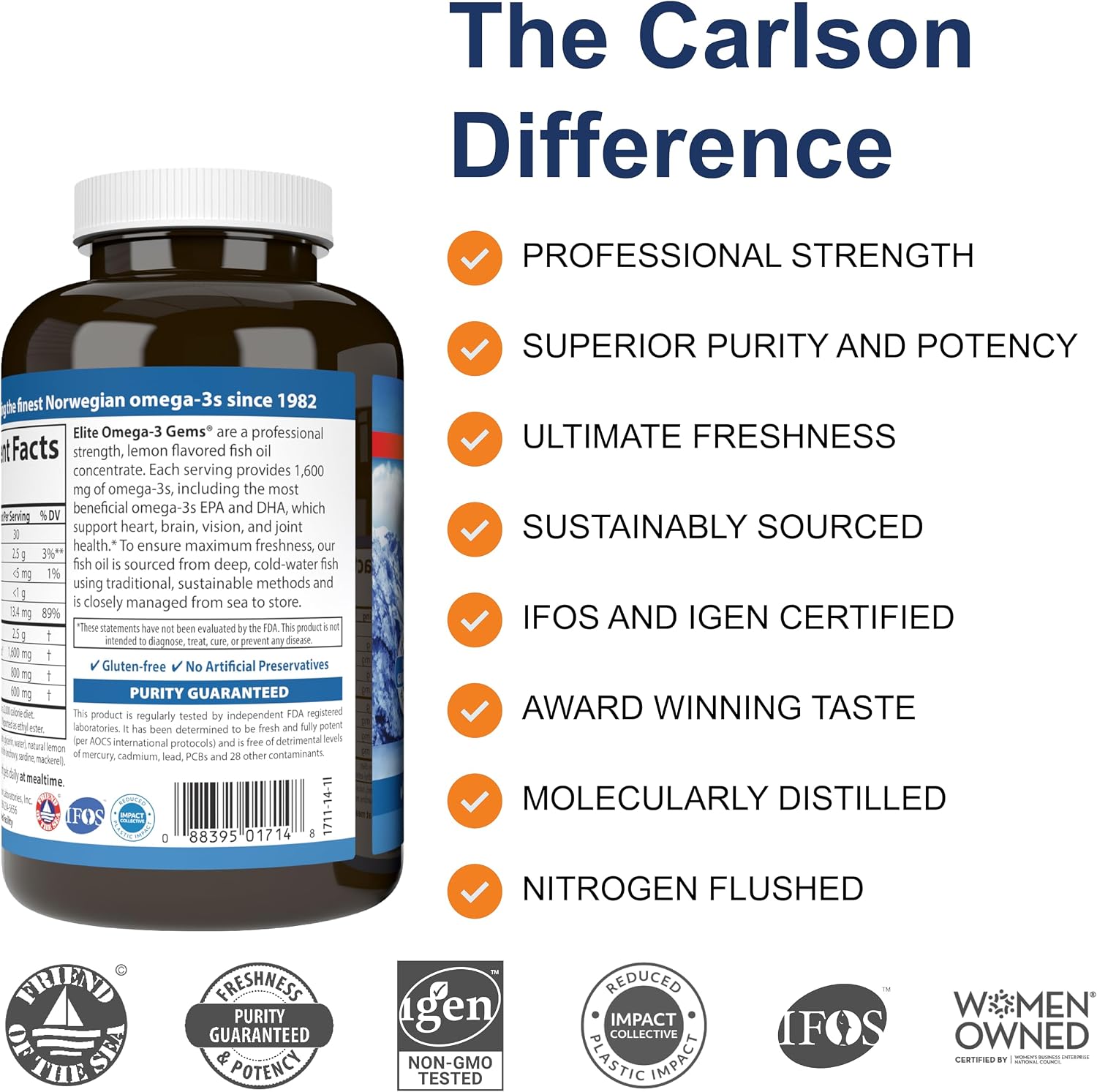Carlson Elite Omega-3 Gems, 1600 mg, from Norway, Lemon, 90 + 30 Softgels | Omega-3 Fatty Acids Including EPA and DHA; Wild-Caught Fish Oil Supplement; Sustainably Sourced Omega 3 Fish Oil Capsules