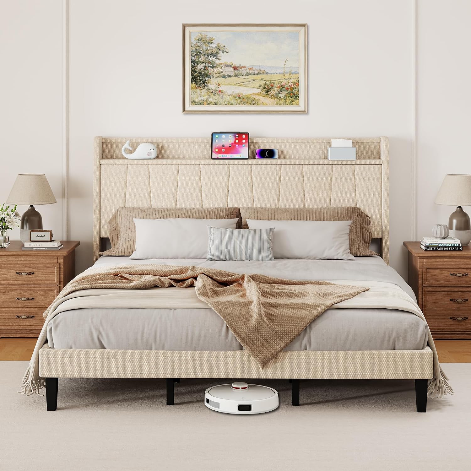 King Size Bed Frame with Headboard, Platform Bed with Upholstered Wingback Storage Headboard, Slats Support, No Box Spring Needed Beige