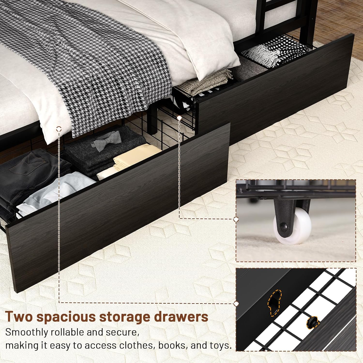 Twin XL Bunk Bed with Foldable Desk, LED Lights & Charging Station, Black | Upper Bunk Storage & 2 Drawers, Safety Guardrails with 4 Hooks, Space-Saving Design for Kids and Teens