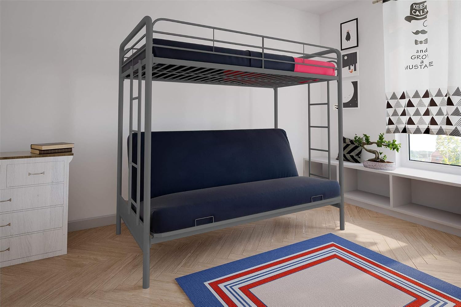 DHP Twin-Over-Futon Convertible Couch and Bed with Metal Frame, Ladder and Guardrails - Black