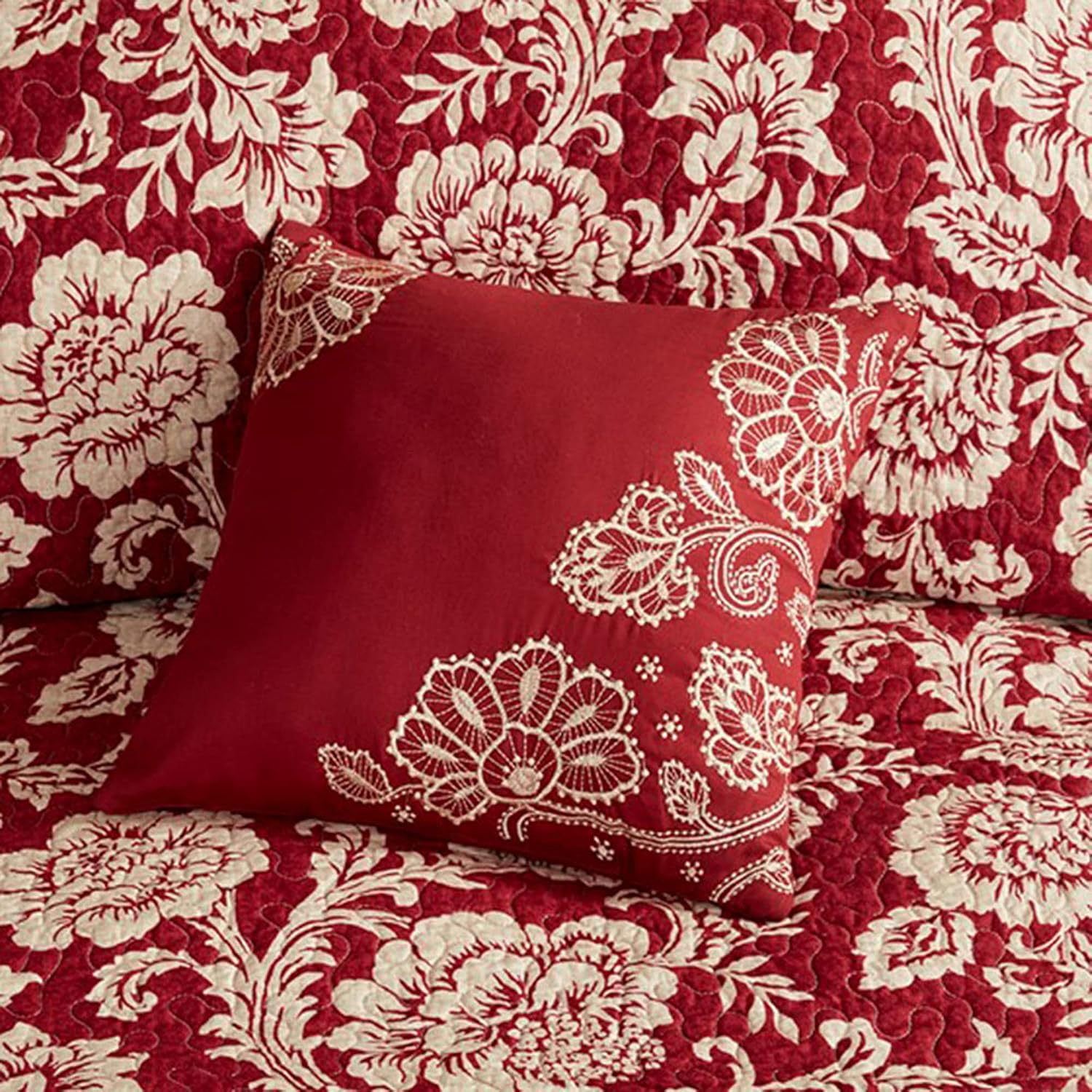 Madison Park Cotton Casual Floral Quilt Set, 6PC Full/Queen Coverlet | Channel Stitching Design, All Season, Lightweight Coverlet Bedspread Bedding, Shams, Decorative Pillows, Taupe Grey/Purple