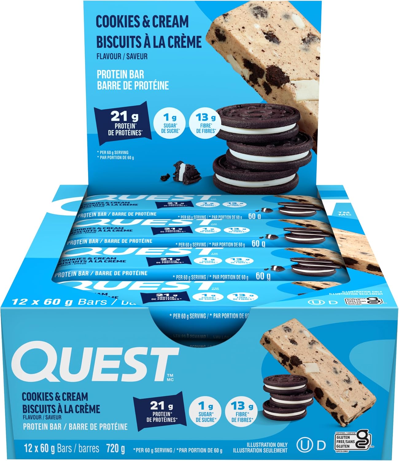 Quest Nutrition Oatmeal Chocolate Chip Protein Bars, 20g Protein, 12 Count | 12g Fiber, 5g Net Carbs, 1g Sugar, Gluten Free, High Quality Protein, Soft and Chewy, Individually Wrapped 2.12oz Bars