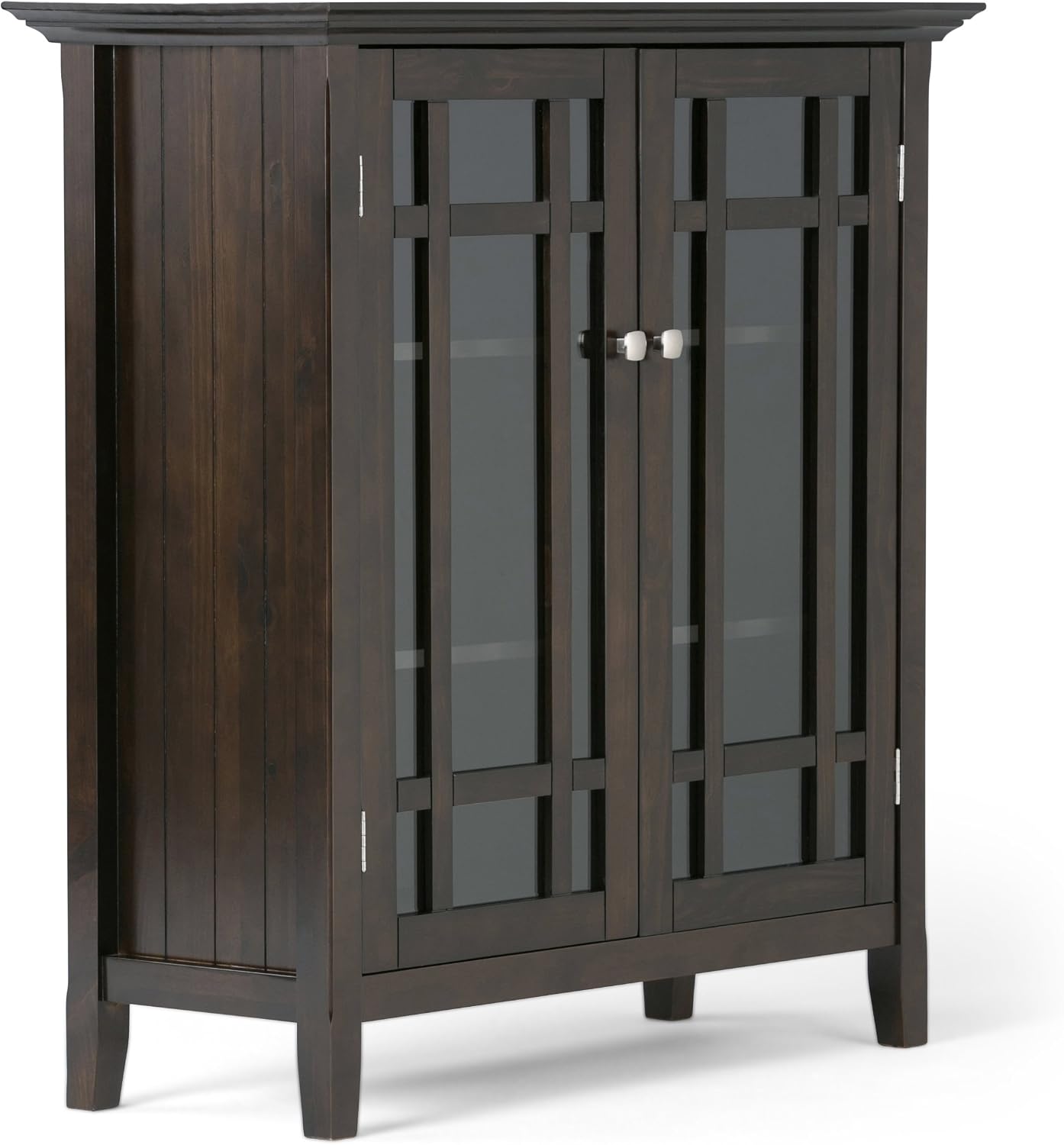 SIMPLIHOME Bedford 62" Wide Solid Wood Sideboard in Brunette Brown | Transitional low media console with glass doors and storage shelves for the living room, entryway or dining room.