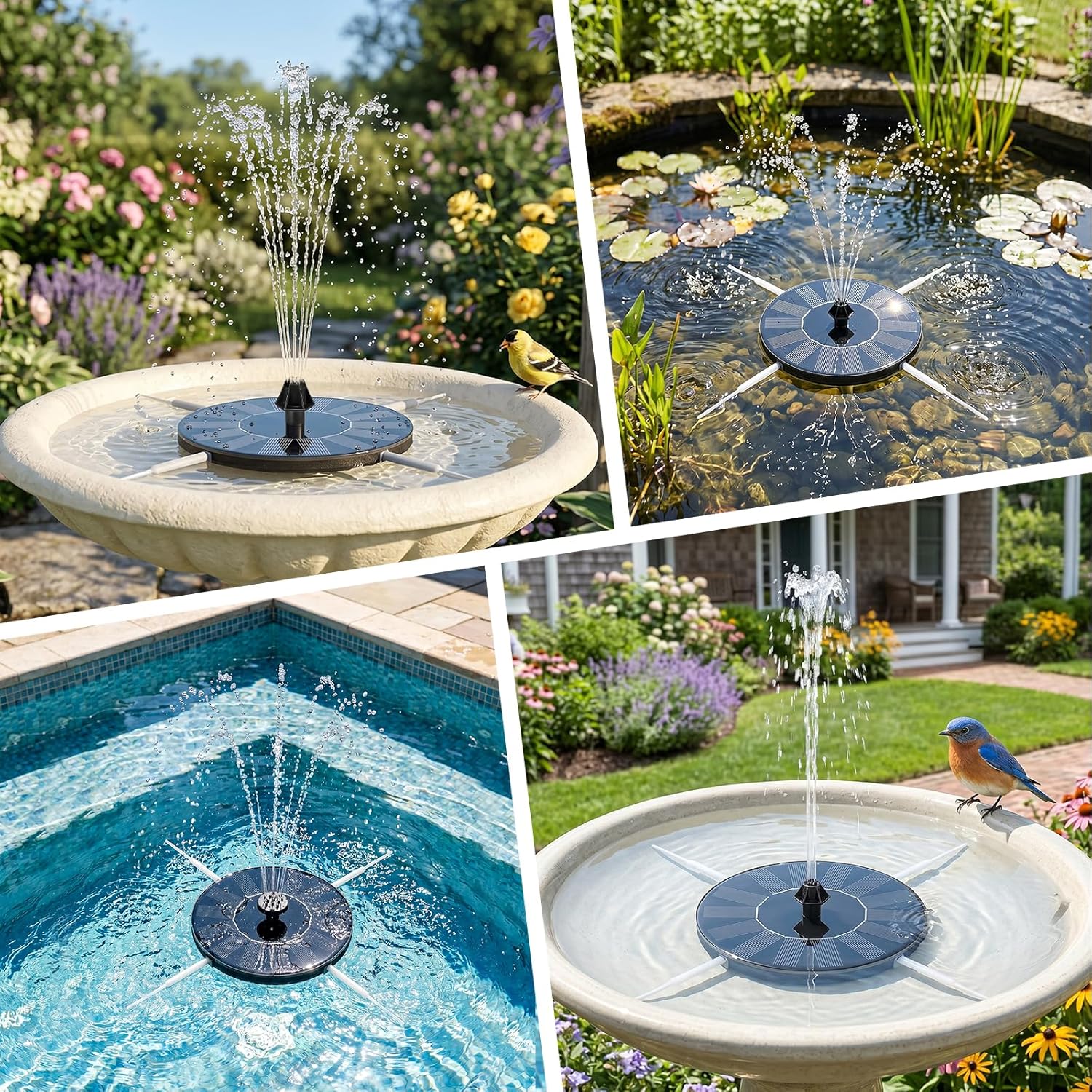 Mademax Solar Bird Bath Fountains, Upgrade 1.4W Solar Fountain Pump with 8 Nozzles & 4 Brackets