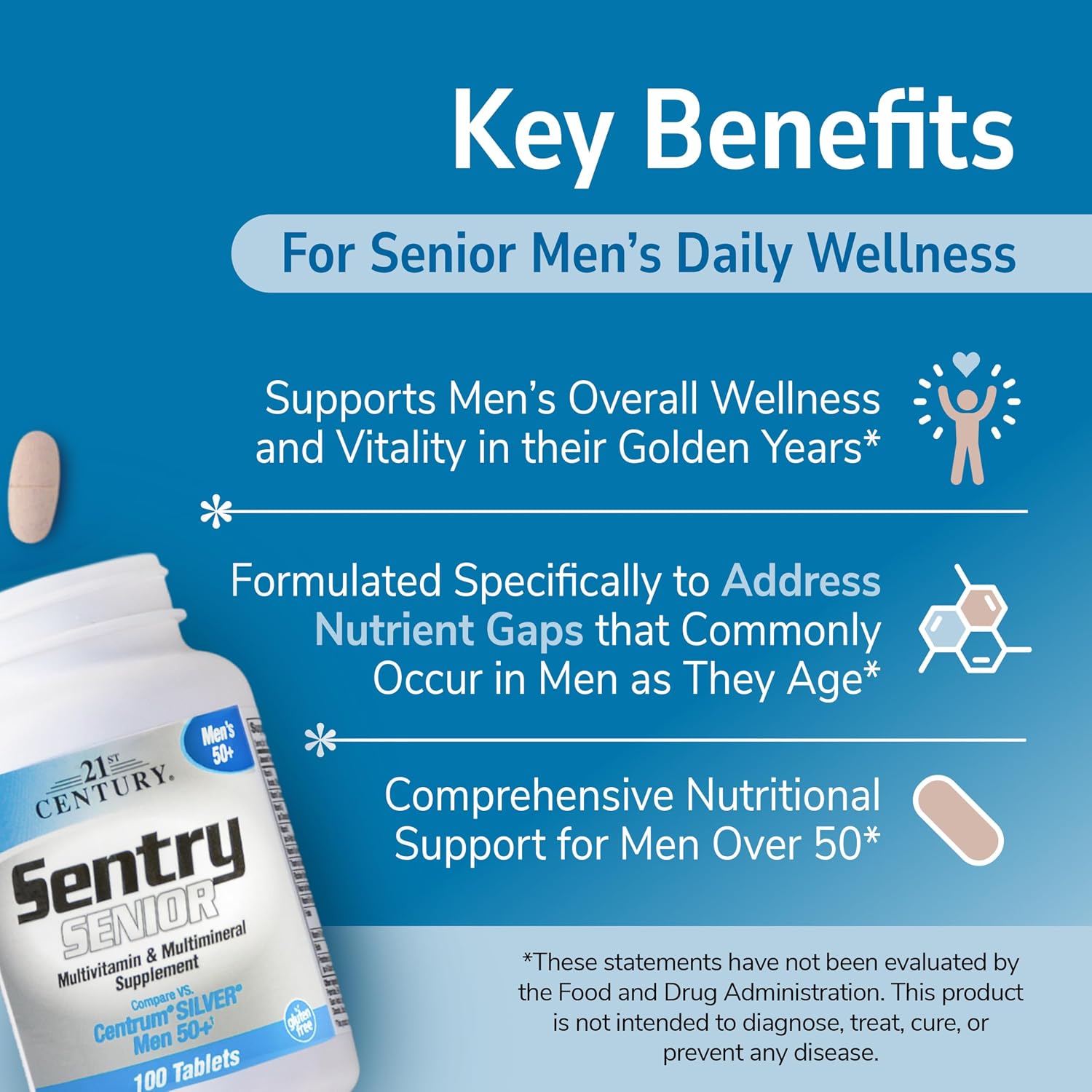 21st Century Sentry Senior Men 50+ Multivitamin Tablets, 100 Count | Complete Daily Multivitamin & Multimineral, Compare VS. Centrum® SILVER Men 50+