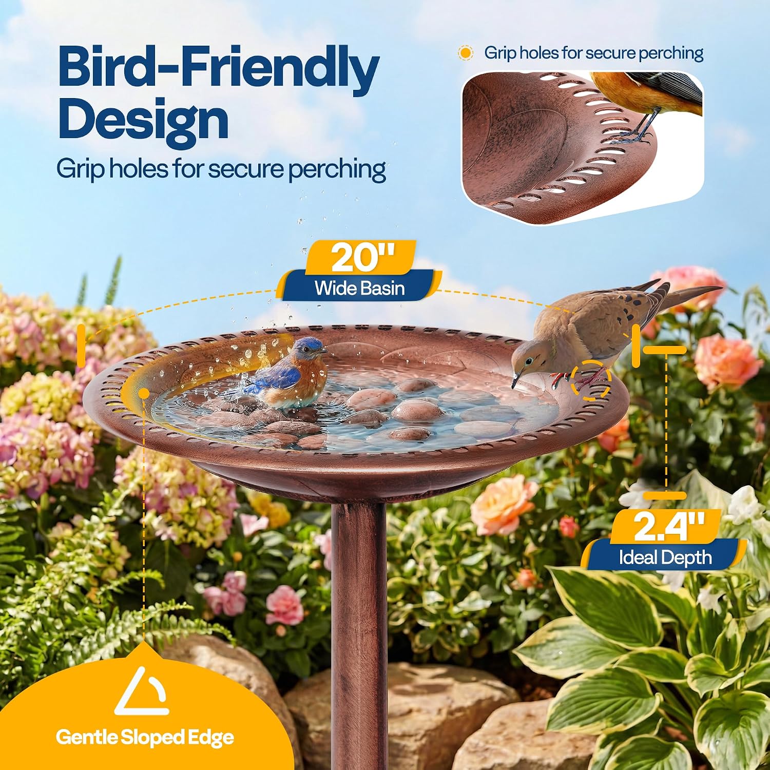 VIVOHOME Bird Bath for Outside, Polyresin Pedestal Birdbath, Green | Weather-Resistant, 20-Inch Bowl, 28-Inch Height, for Outdoor/Garden, Bird-Friendly, Easy to Clean