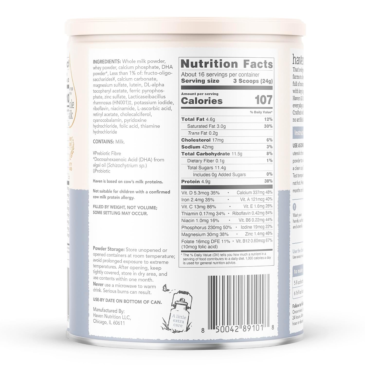 Haven A2 Cow Toddler Formula, Whole Milk, 12+ Months, 14.1oz | No Added Sugar, No Seed Oils, DHA Omega-3, Grass-Fed New Zealand Milk, Probiotics & Prebiotics, Lutein, Easy to Digest