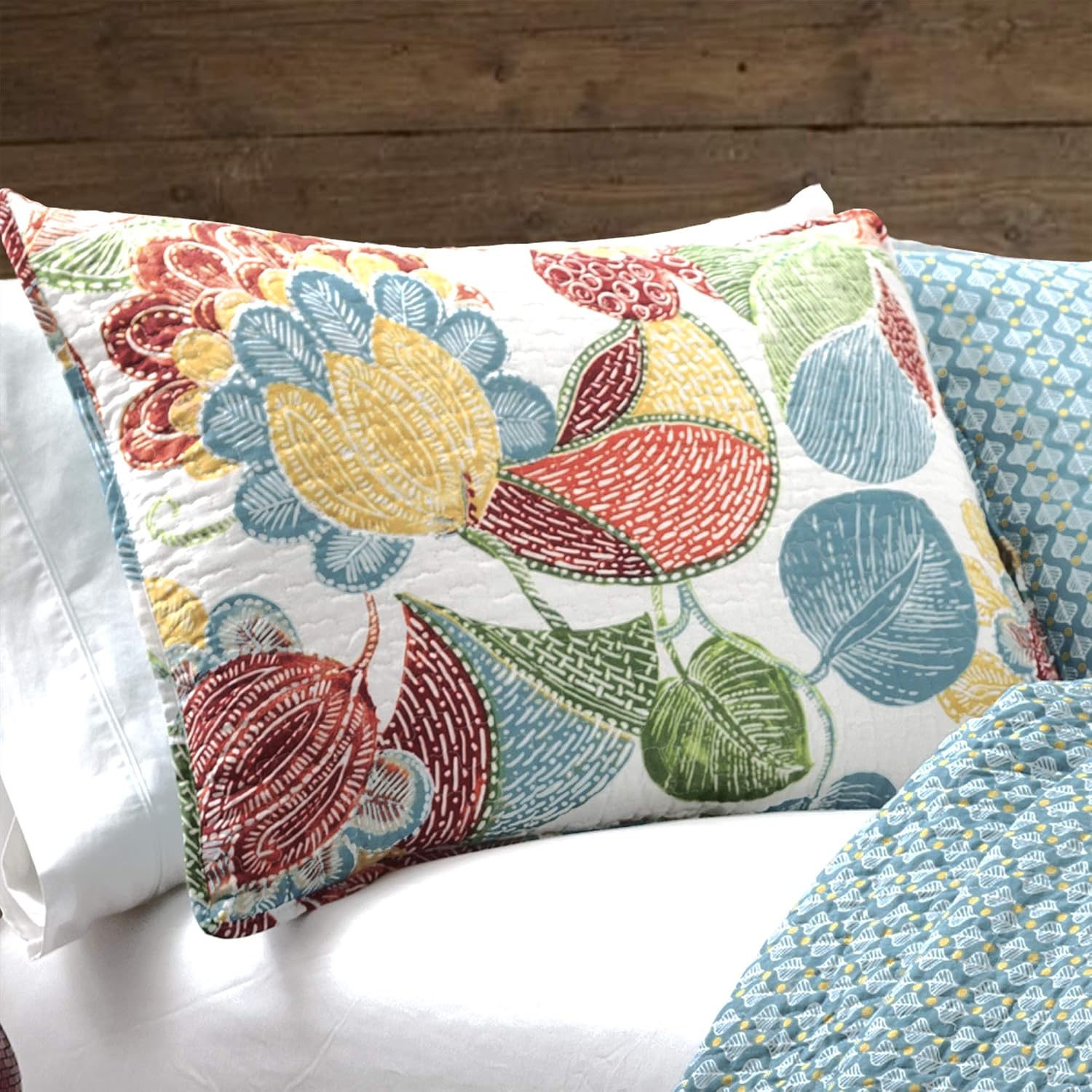Lush Decor Layla Quilt Floral Leaf Print 3 Piece Reversible Bedding Set Full/Queen Orange & Blue