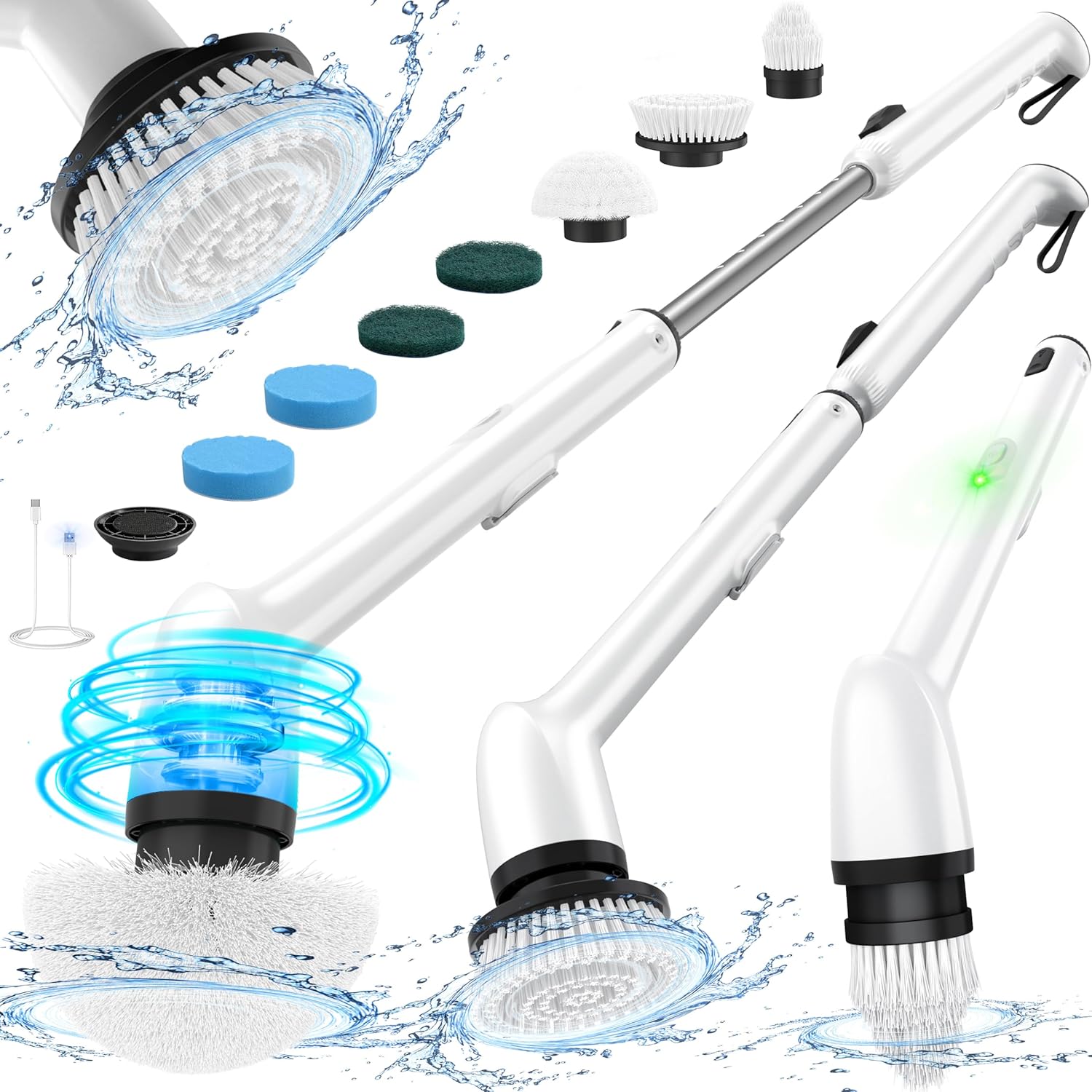 Electric Cleaning Brush, New Full-Body IPX7 Waterproof & 42inch Long Handle | Bathroom Cleaner Brush, Shower Scrubber, 2 Speed & 7 Heads Replacement