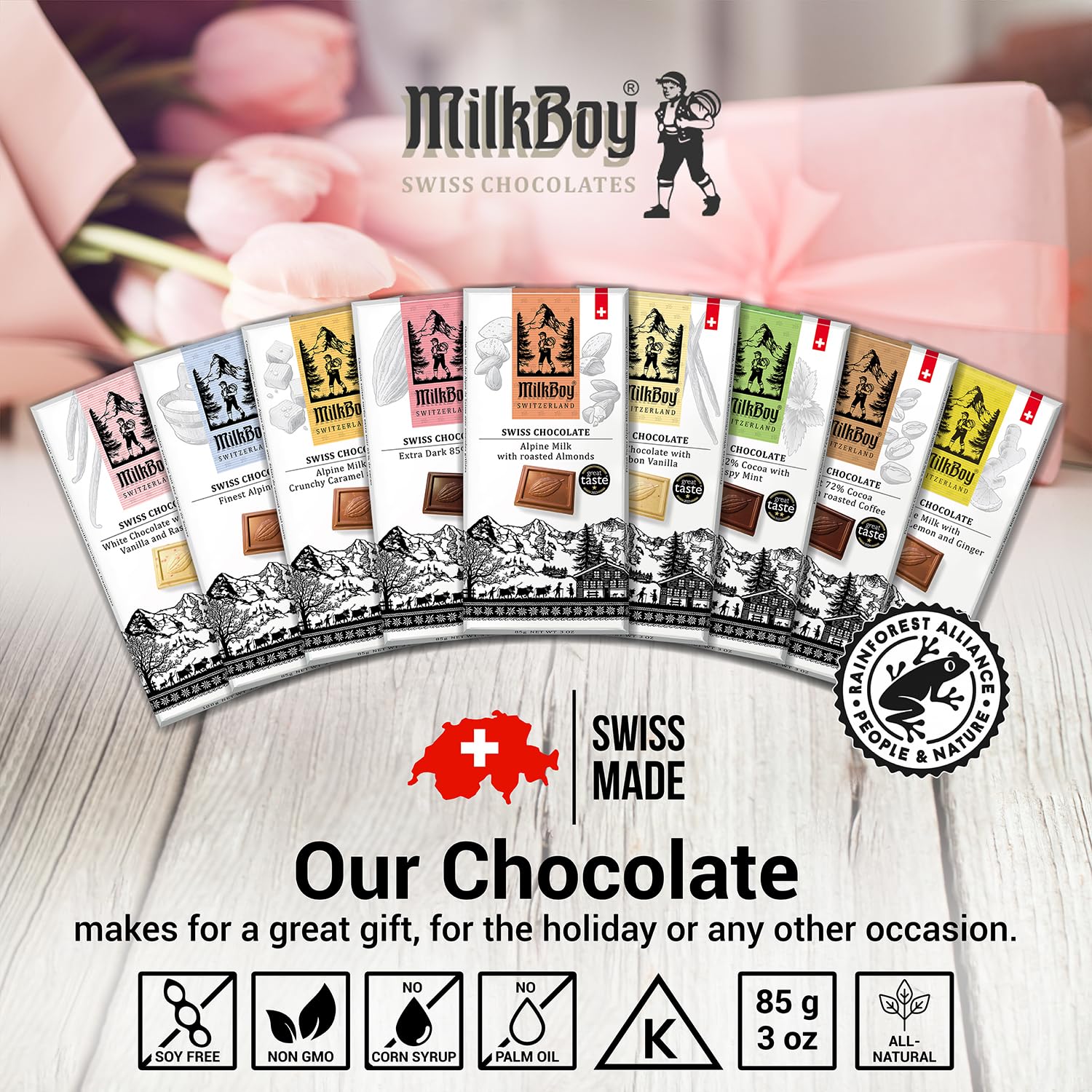 MilkBoy Swiss Chocolates Alpine Milk Chocolate Bars - 3 oz, 5 Pack | Premium gourmet treat with creamy milk. Rainforest Alliance certified cocoa. Gluten free. Kosher. Crafted in Switzerland.