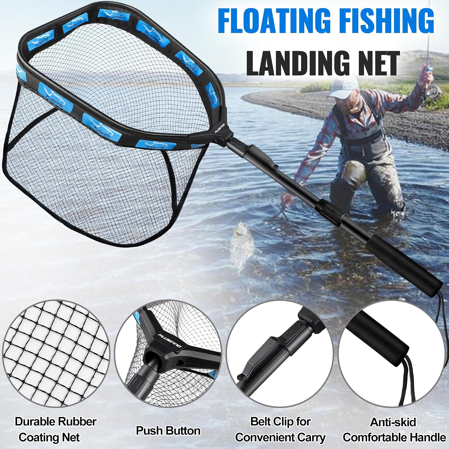 PLUSINNO Floating Fishing Net for Steelhead, Salmon, Fly, Kayak, Catfish, Bass, Trout Fishing