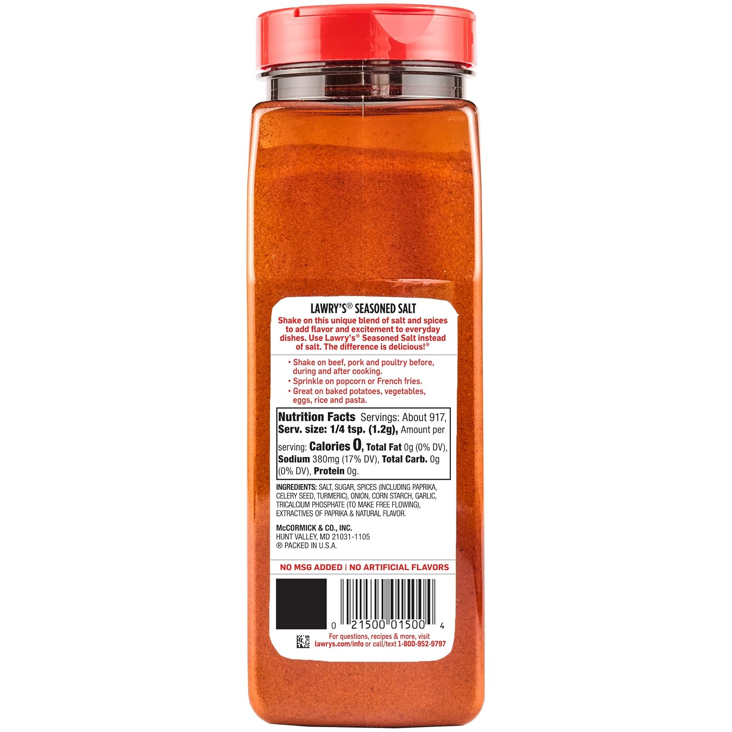 Lawry’s Seasoned Salt, No MSG Added, Kosher Certified, Staple, Versatile, All-Purpose Seasoning to Shake on Beef, Pork, or Poultry, 16 oz