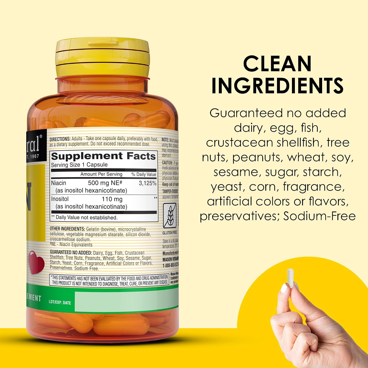 MASON NATURAL Niacin 500 mg Flush-Free, Supports Heart Health, Nervous System & Energy Production, 60 Capsules