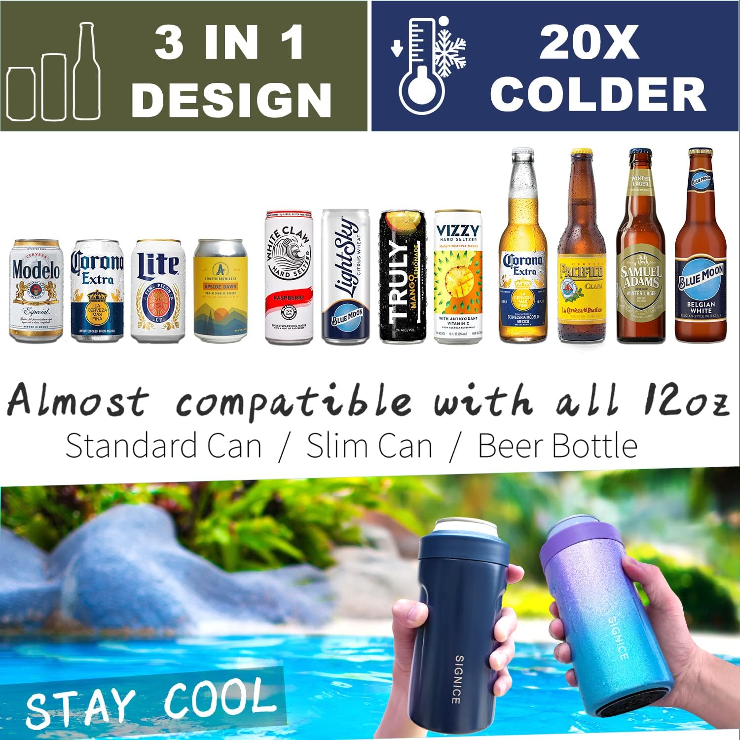 3 In 1 Insulated Universal Can Cooler - Signice Double Walled Vacuum Insulator Stainless Steel Slim Can Cooler for 12 Oz Skinny Tall Standard
