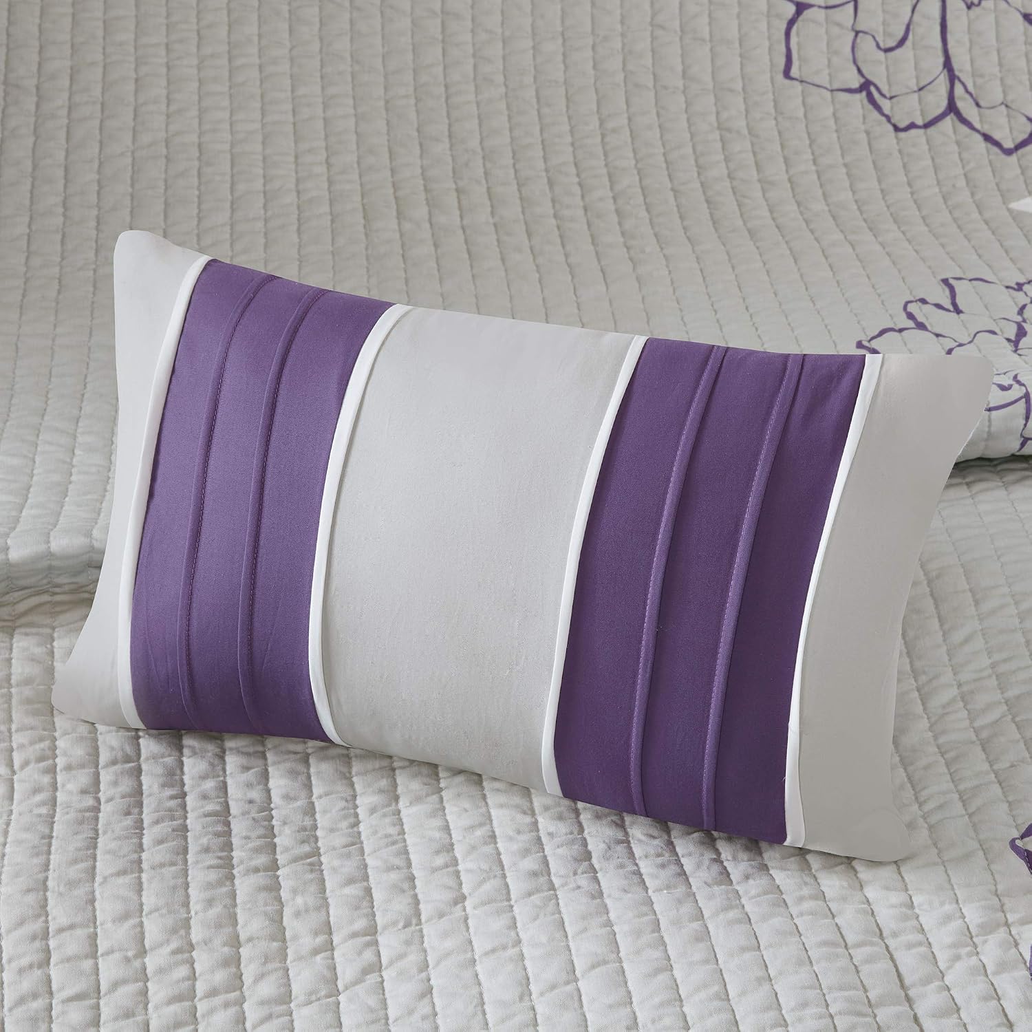 Madison Park Cotton Casual Floral Quilt Set, 6PC Full/Queen Coverlet | Channel Stitching Design, All Season, Lightweight Coverlet Bedspread Bedding, Shams, Decorative Pillows, Taupe Grey/Purple