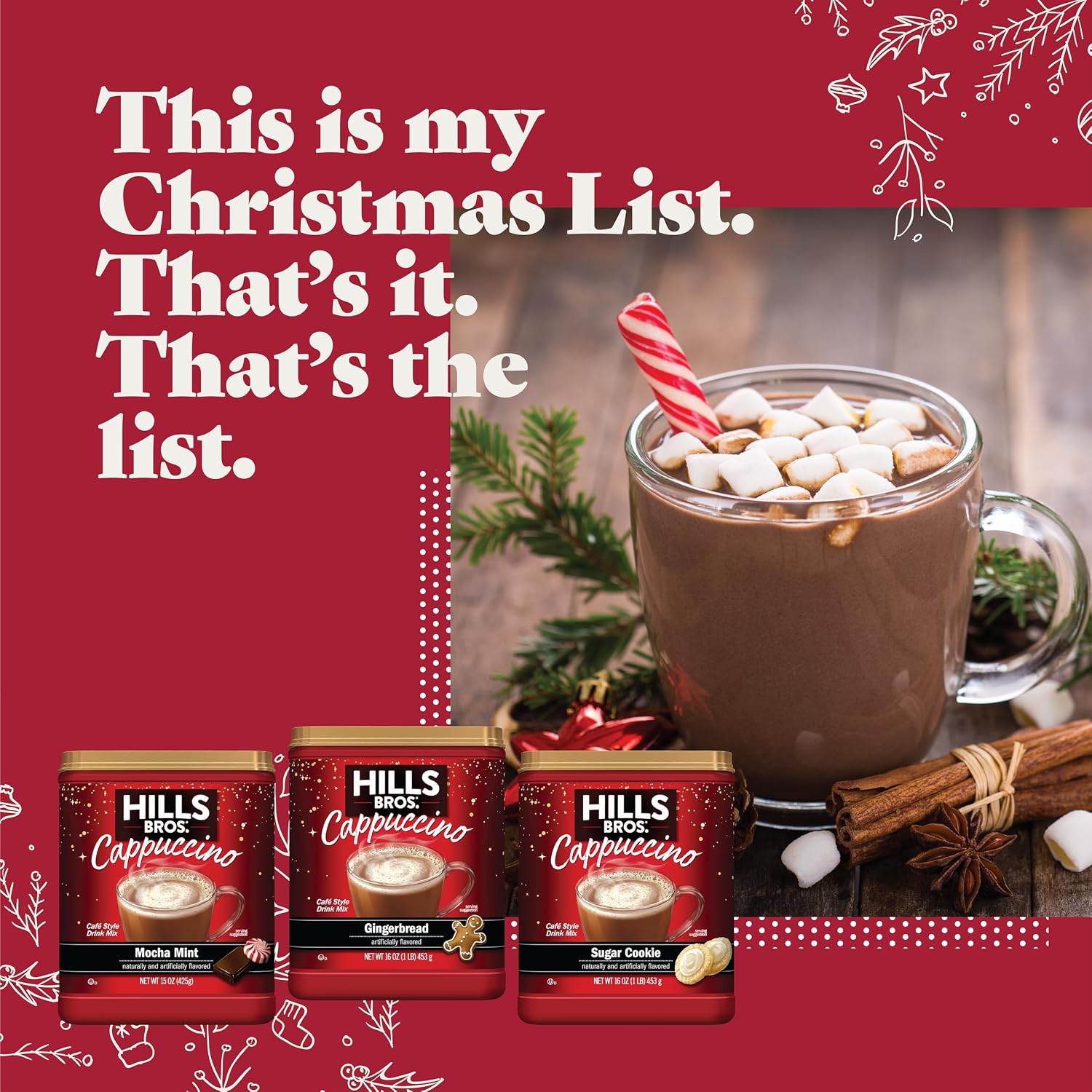 Hills Bros. Cappuccino Mix – Rich, Frothy Coffeehouse-Tasting Instant Drink Mix – Quick and Easy Preparation – Perfect for Hot & Iced Drinks & Creaming Coffee – Double Mocha, 1 Pack of 16oz