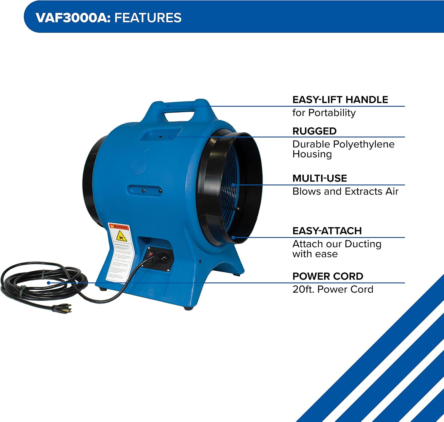 Schaefer VAF3000A 12" Diameter Industrial Confined Space Ventilator 115V 50/60Hz High Velocity Axial Exhaust Fan for Construction & Confined Spaces