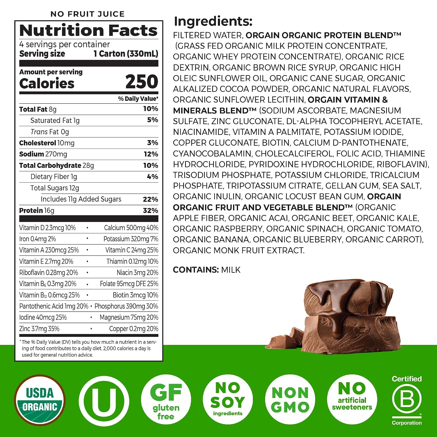 Orgain Organic Grass Fed Dairy 16g Protein Shake, Chocolate, 11oz, 4pk | Ready to drink grass-fed dairy protein, meal replacement