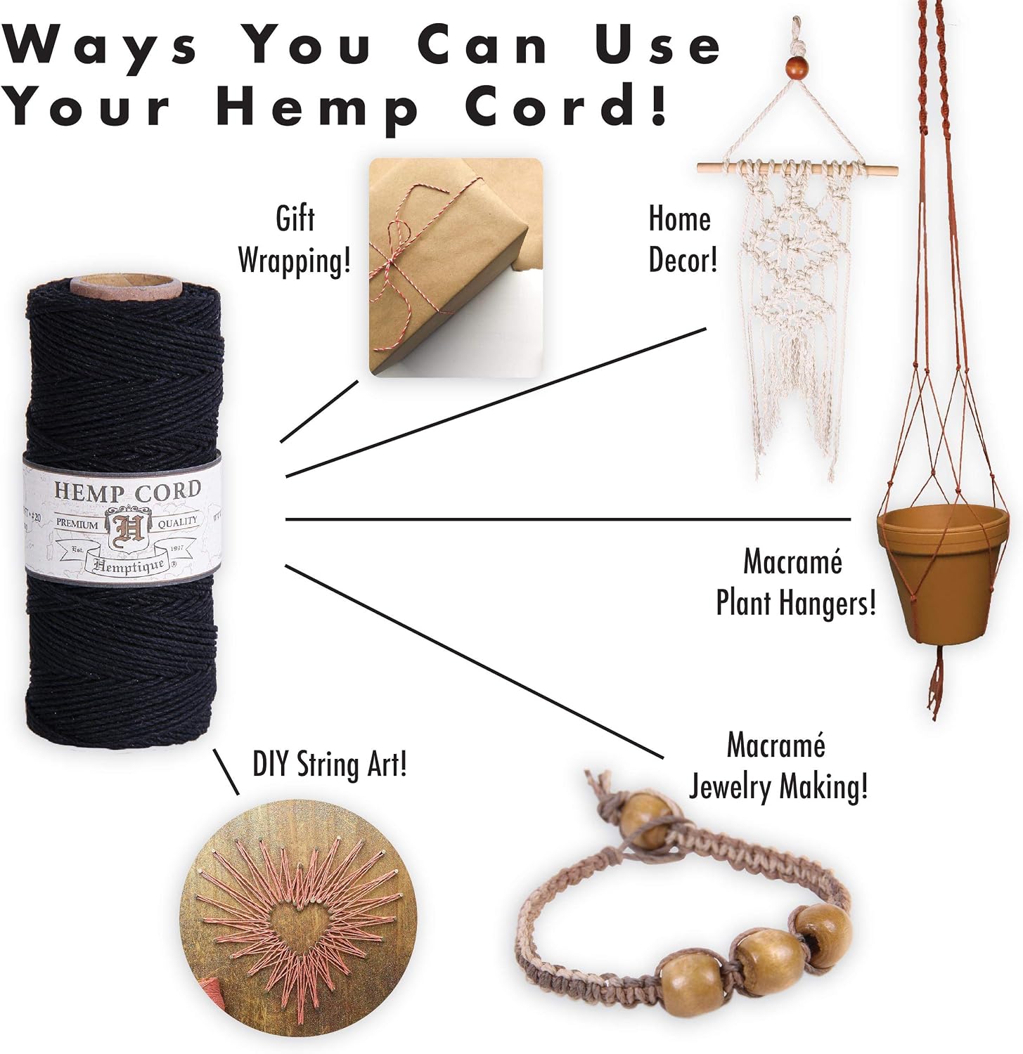 Hemptique 100% Hemp Cord Spool - 62.5 Meter Hemp String - Made with Love - No. 20 ~ 1mm Cord Thread for Jewelry Making, Macrame, Scrapbooking, DIY