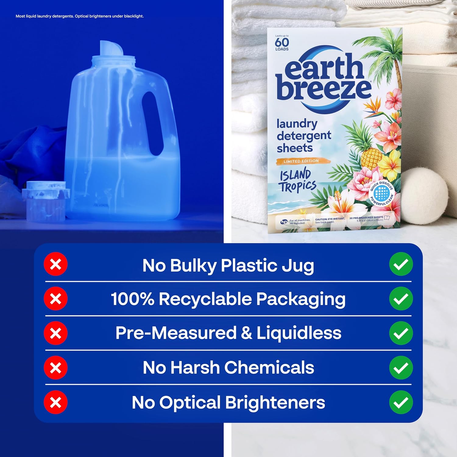Earth Breeze Laundry Detergent Sheets Fresh Scent 60 Loads