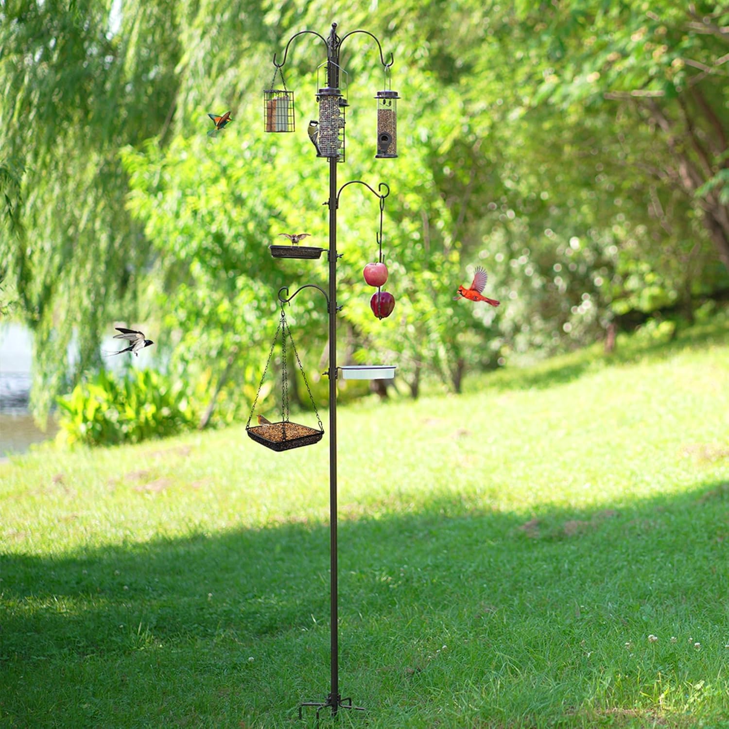 Deluxe Bird Feeding Station Kit with Multi Feeder Hanging Pole, Metal Suet Feeder, Bird Bath