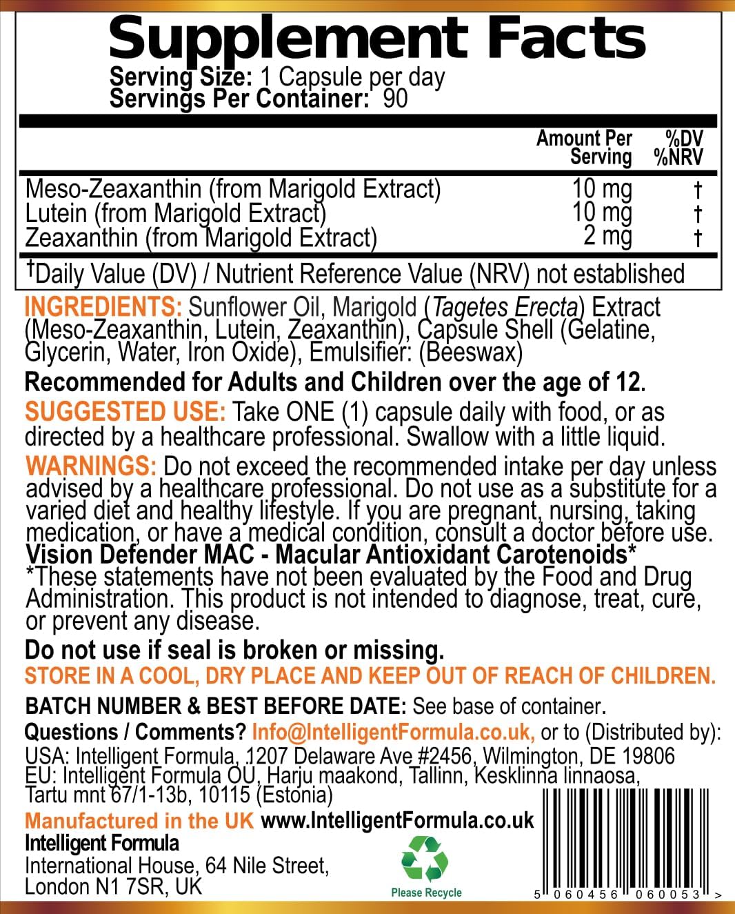 Vision Defender MAC Triple Carotenoid Eye Supplement, 3 Month 90 Capsules | Meso-Zeaxanthin, Triple Carotenoid Antioxidant, Marigold Extract