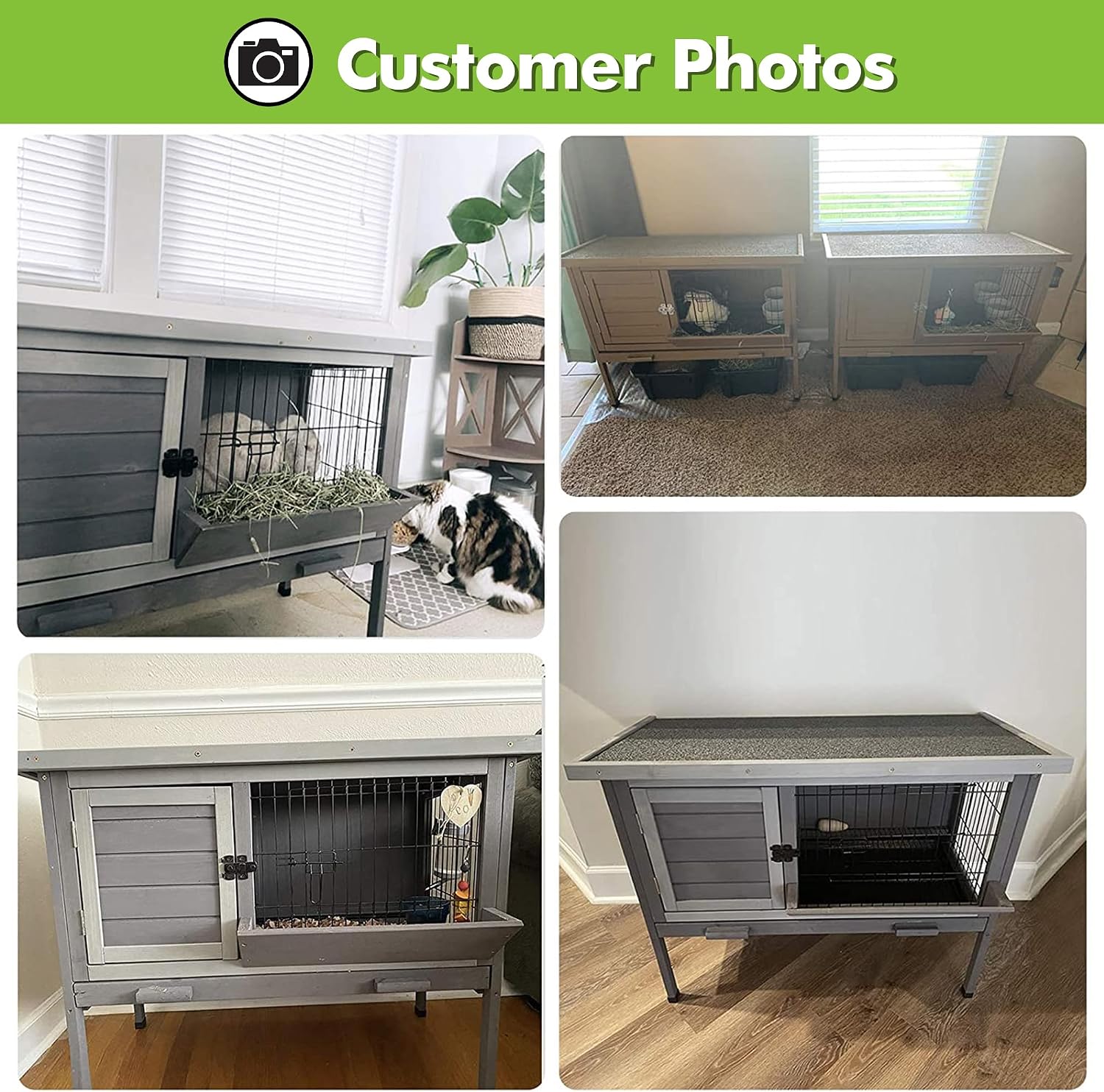 Rabbit Hutch, Wooden Bunny Cages Indoor with Deeper Leakproof Tray - Upgrade with Metal Wire Pan (Grey, Rabbit Hutch #001-B) Large