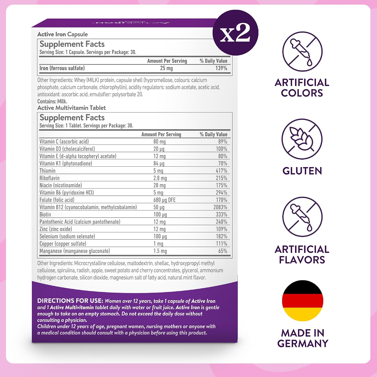 Active Iron Supplement 25mg + Multivitamin for Women, Gentle on Stomach