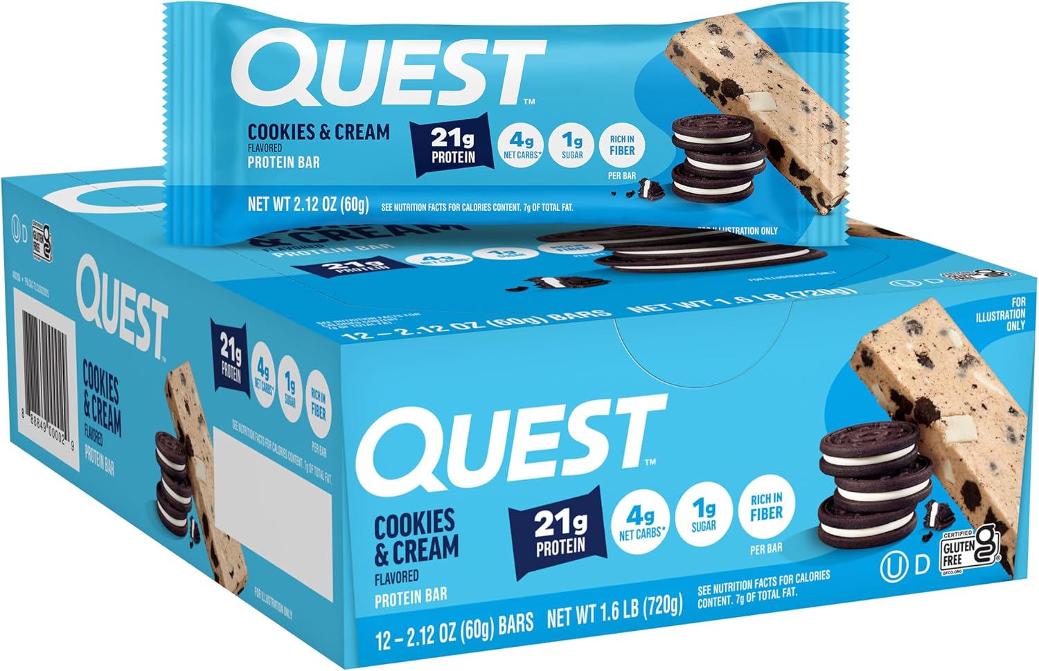 Quest Nutrition Oatmeal Chocolate Chip Protein Bars, 20g Protein, 12 Count | 12g Fiber, 5g Net Carbs, 1g Sugar, Gluten Free, High Quality Protein, Soft and Chewy, Individually Wrapped 2.12oz Bars