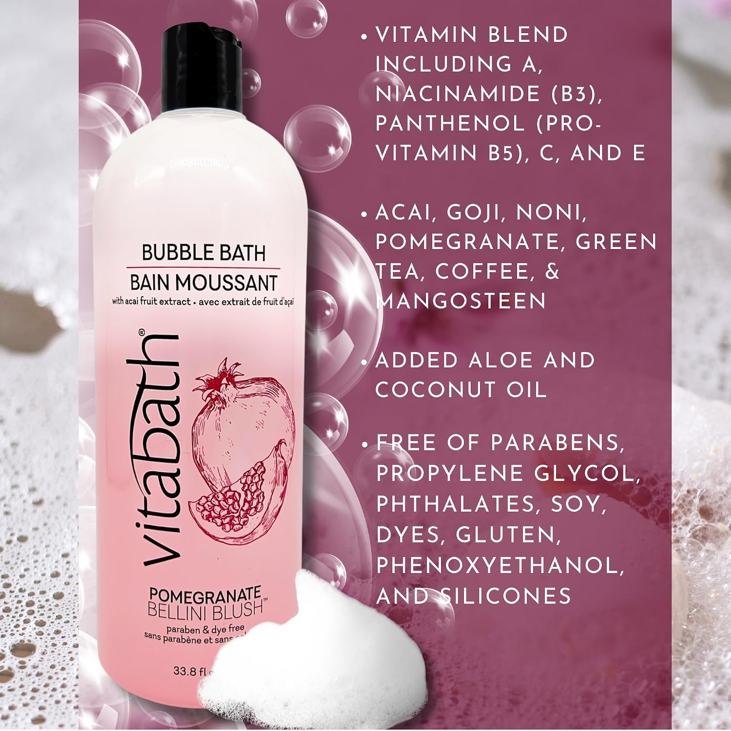 Vitabath Pomegranate Bellini Blush Bubble Bath Rich Foaming Bubbly Soak & Relaxing Aromatherapy Moisturizing & Nourishing Indulgent Suds for Women &
