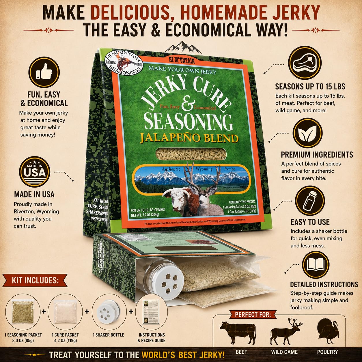 Hi Mountain JALAPENO BLEND Jerky Seasoning and Cure Kit | Beef & Venison | Fresh jalapeño flavor, medium spicy heat, jerky seasoning for beef, deer