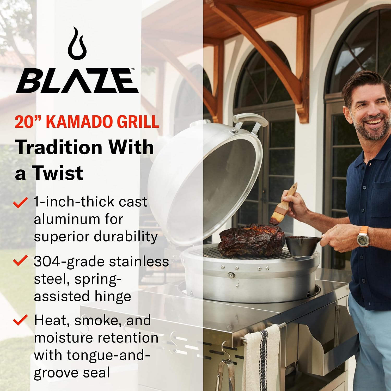 Blaze 20‑Inch Cast Aluminum Kamado Grill | Heavy-Duty 1″ Cast Aluminum Body | 20″ Hex Stainless Grates | Tongue‑and‑Groove Seal