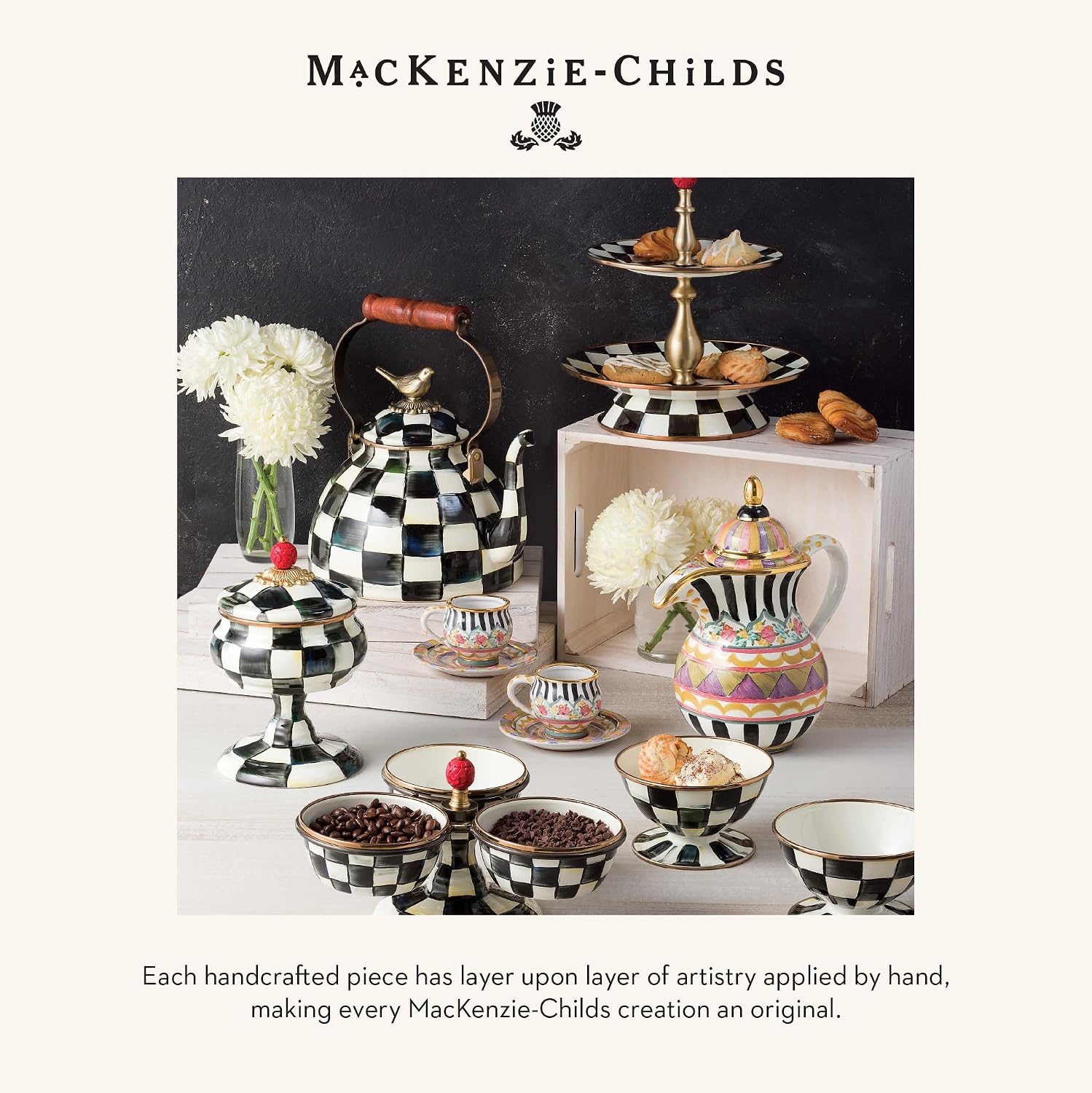 MACKENZIE-CHILDS Square Coasters Set, Black-and-White Courtly Check | Hand-painted design, made from MDF with a cork back, table coasters for drinks, 4" square, set of 4