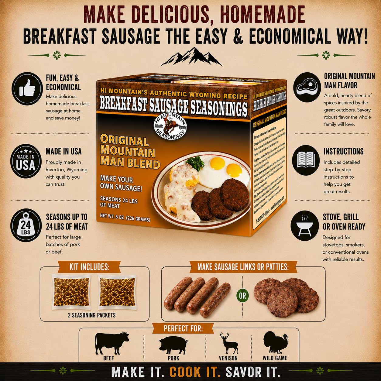 Hi Mountain Breakfast Sausage Seasoning | ORIGINAL MOUNTAIN MAN | 24 lbs | Hearty Old West mix for homemade pork, venison, deer, elk & wild game sausage patties or breakfast sausage links