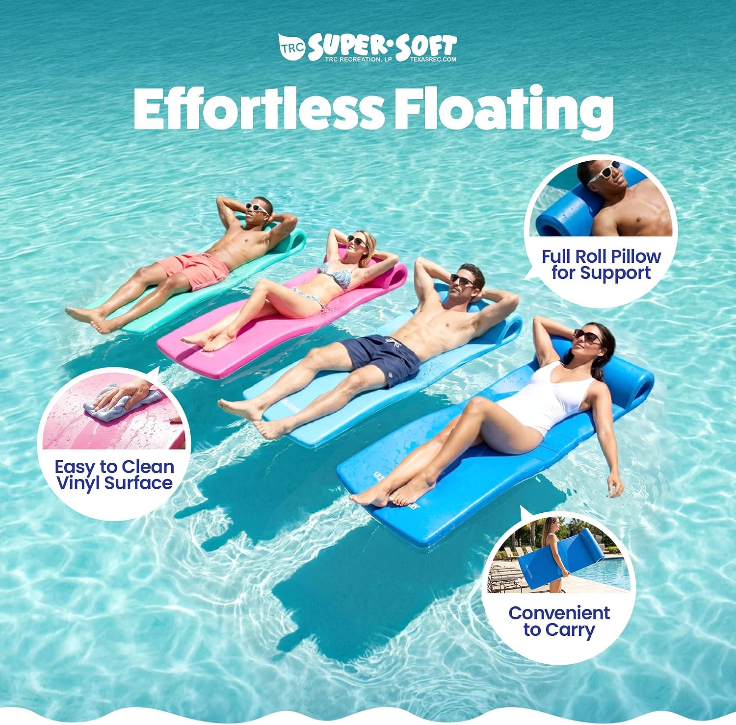 TRC Recreation Ultra Sunsation 2.5” Thick Vinyl Coated Foam Swimming Pool Float Mat Adult Lounger with Built-in Roll Pillow