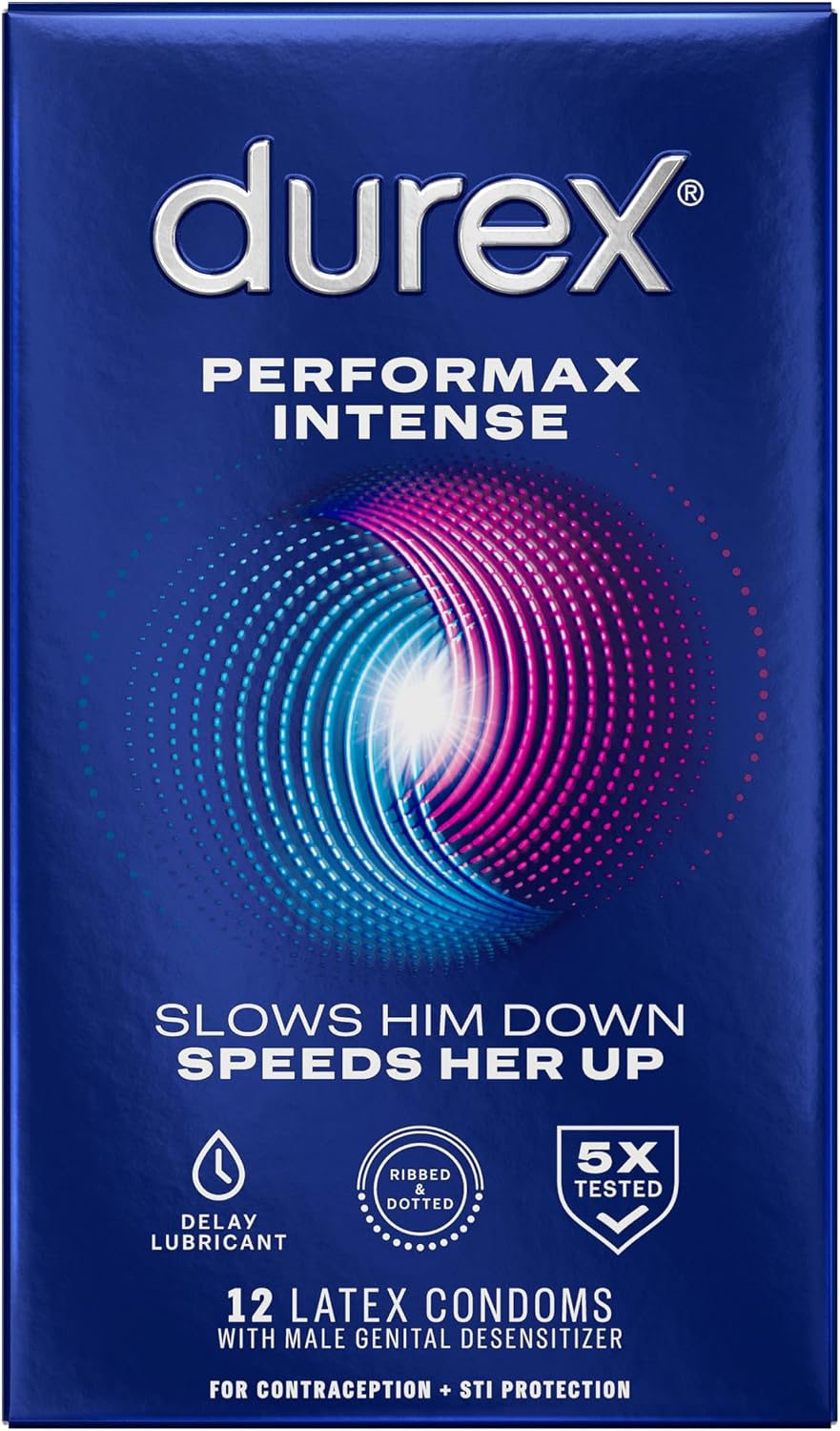 Condoms, Ultra Fine, Ribbed, Dotted with Delay Lubricant, Durex Performax Intense Natural Rubber Latex Condoms, 12 Count, Contains Desensitizing Lube for Men