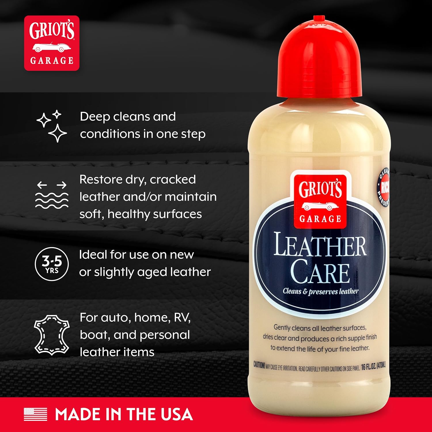 Griot's Garage Leather Care Spray, Car Seat Cleaner and Conditioner for Upholstery, Furniture, Clothing, and More, 10994, 22oz
